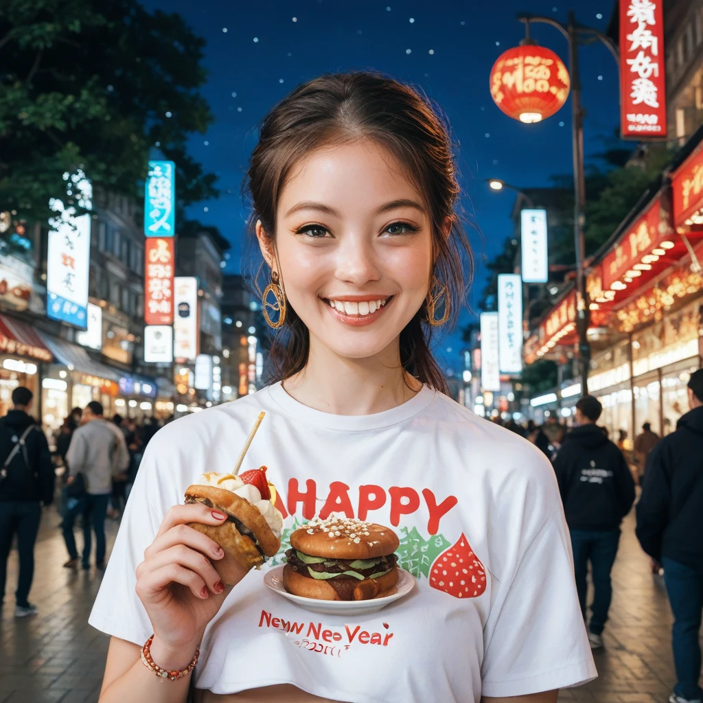 Street food scene 、New Year's animated illustration 、”２０２５　Shirts with the letters “Happy New Year”,firework