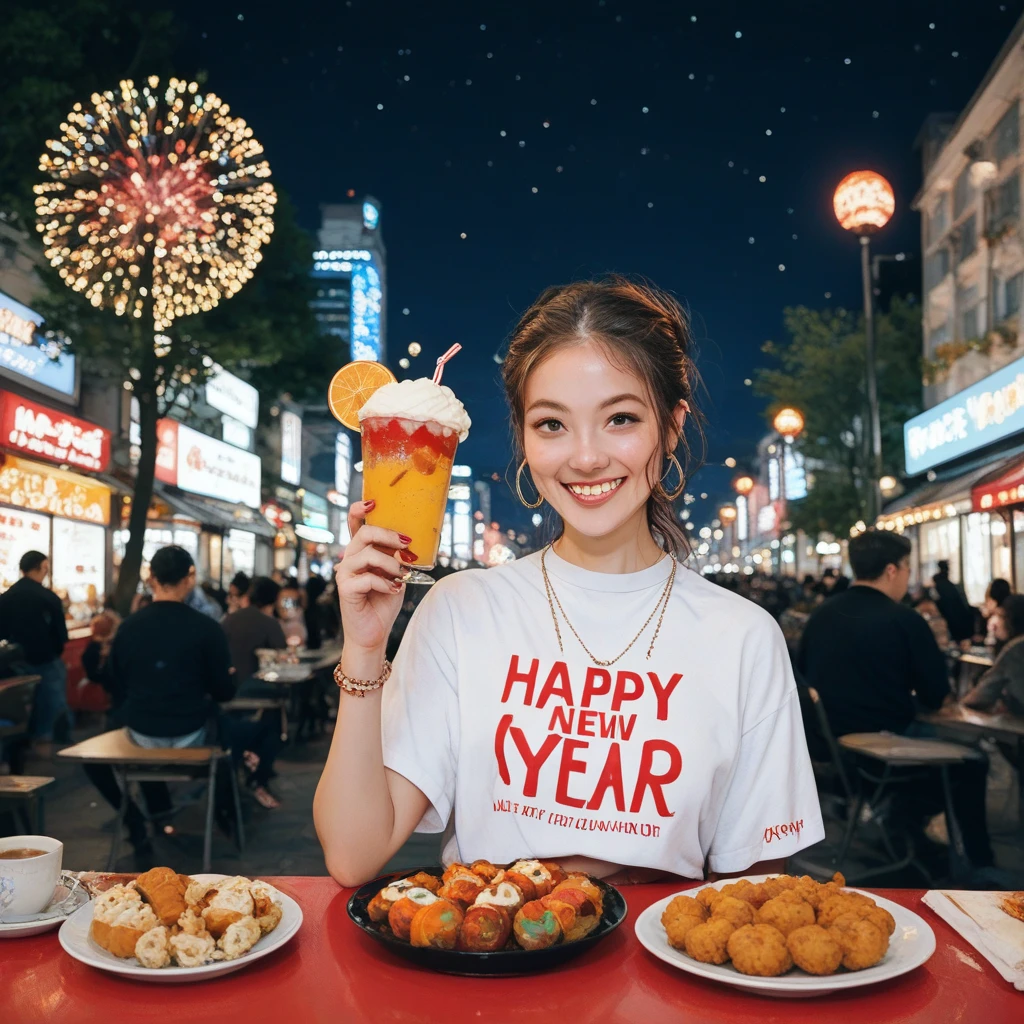 Street food scene 、New Year's animated illustration 、”２０２５　Shirts with the letters “Happy New Year”,firework