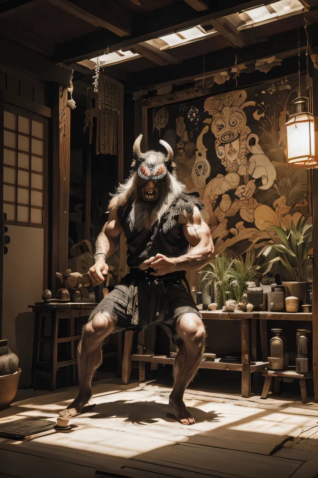 (( Darkness)), ((Beastman's monster )), ((Jumpscare)), outline warm color, ((festival)), ((Choju Jinbutsu Giga)), ((Shihon Bokuga)), antique, (personality personification ), (Ink painting), ( Black and White Art ), (Old paper style illustration), (Hunting Painting Style, Little Monster , Old performance, Variation pointillism, flat illustration , creepy, ((Horror elements)), ( creepy) worldview, ( Primitive art ), outline warm color, are styled like old picture scrolls, Old stage, Ancient mural style, Japanese Yokai, huge body , Intense Movements , muscularity, twists the upper body, xuer house