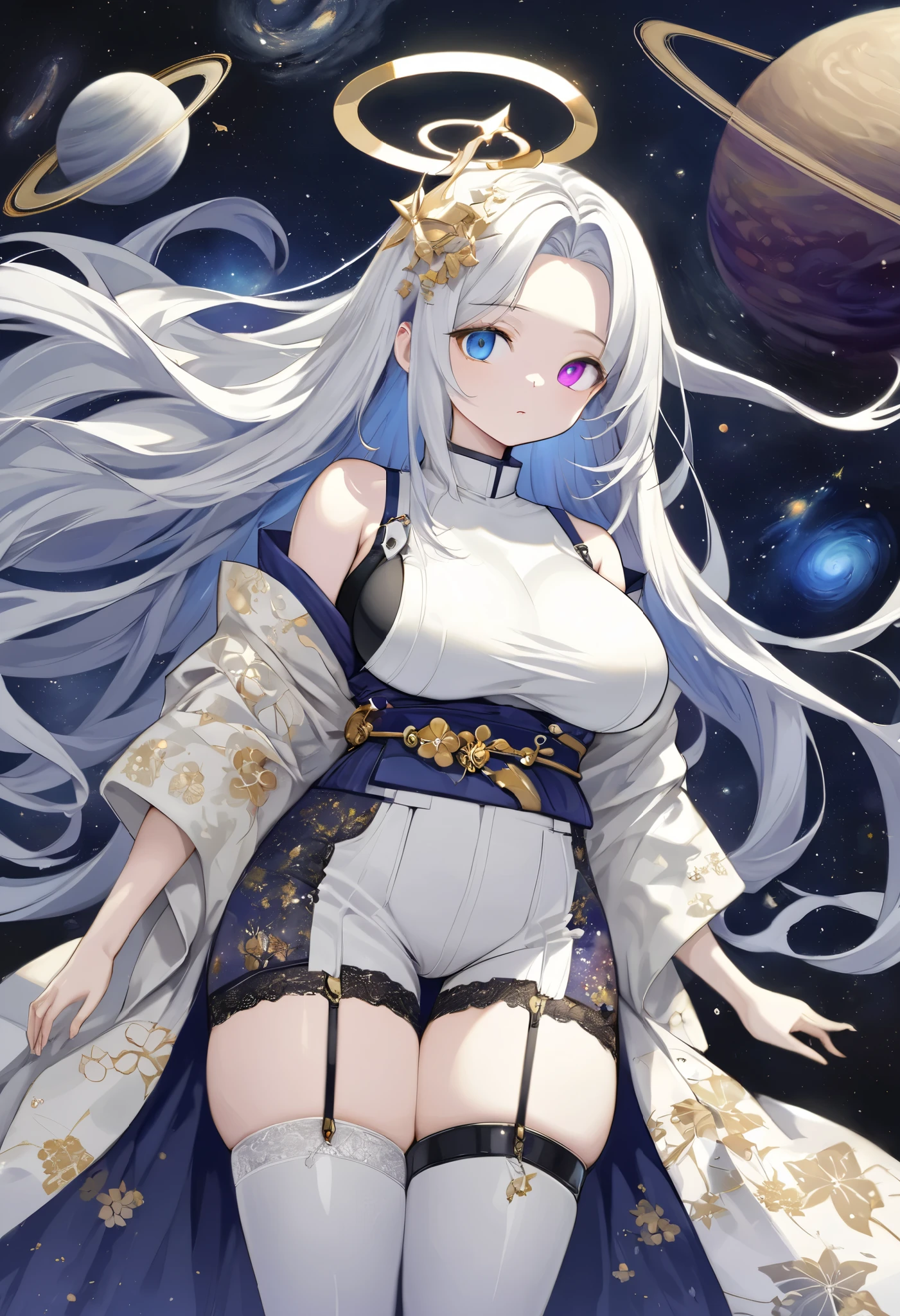 fresh illustration ,
Superfine painting,
top quality,
very delicate illustration ,
Very fine details ,
beautiful attractive anime style ,
Fascinating anime style ,
Super detailed drawing ,
beautiful and sophisticated illustration of one girl ,
full body view,
Height: 158cm,
Fair skin,
right eye blue left eye purple perfect heterochromia ,
large black pupils ,
beautiful eyes,
super long hair,
shiny hair ,
The roots of the hair are blue and the others are gray ,
The hair is gradated
My forehead is half sticking out,
pretty and cute face ,
Cheeks are ruddy,
A small, shiny halo is floating on the back of the head,
Lowering the eyebrows,
since age 27,
The upper half of the body is in a traditional Japanese kimono,
Overall white clothes ,
lower body Nadres ,
The color of the belt is black ,
The design is tastefully embroidered with gold thread,
fine fabric clothing ,
Shoulder-width narrower shoulders,
mega breasts,
Isometric,
Golden Ratio,
god々 like atmosphere,
The undershirt is indigo-colored with a stand-up collar,
outer space ,
There are multiple galaxies ,
Little Star々 upper body ,
tactical use of shadows ,
The hair and the halo on the head do not extend beyond the frame,
Clothes don't stick out of the angle of view ,
garter belt,
stockings ,
The thigh straps are digging into the skin,
ivory lace shorts,
white boots,
There are countless Japanese style ,
Thin Waist,
Thick thighs,
Standing,
Long Shot,