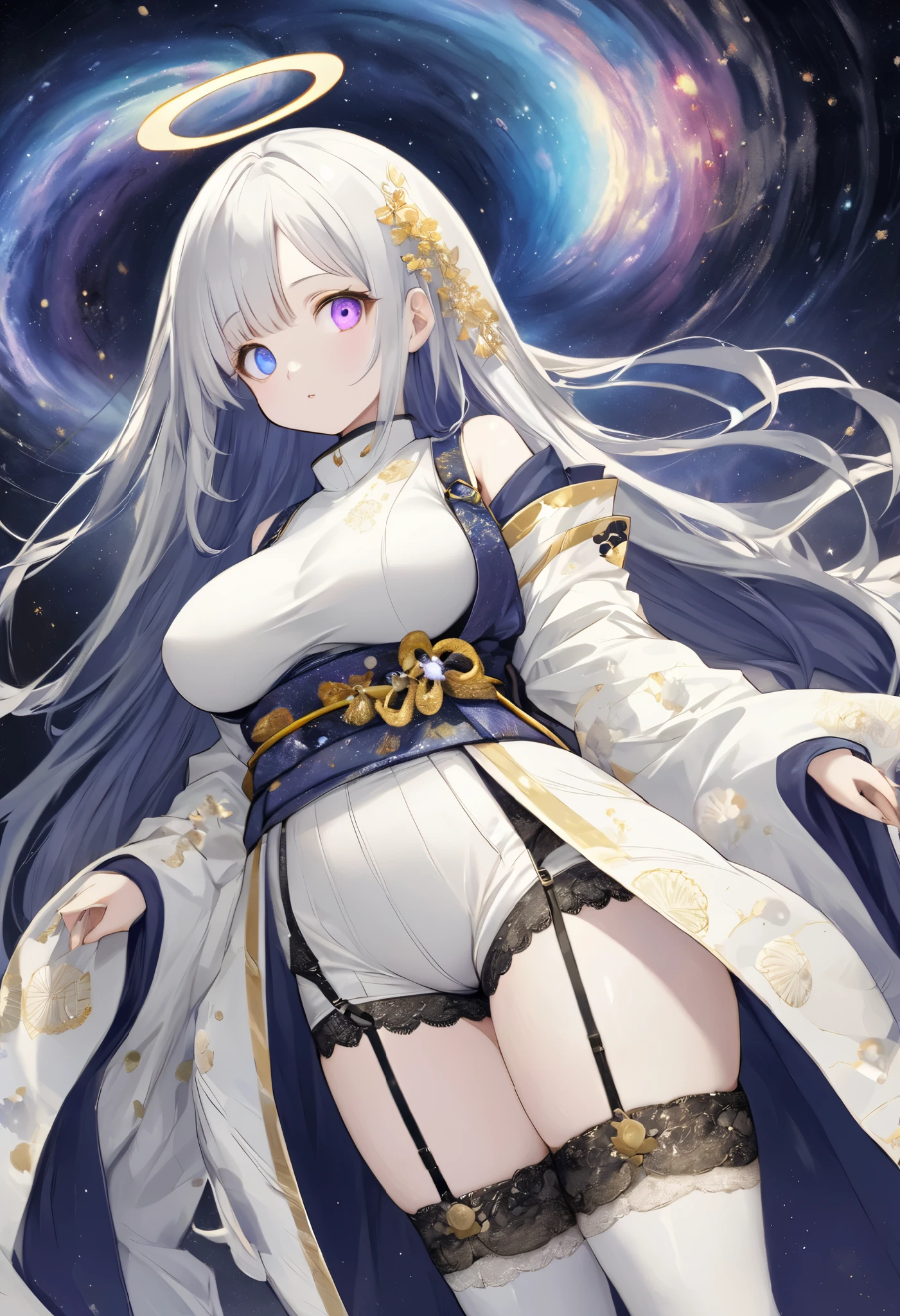 fresh illustration ,
Superfine painting,
top quality,
very delicate illustration ,
Very fine details ,
beautiful attractive anime style ,
Fascinating anime style ,
Super detailed drawing ,
beautiful and sophisticated illustration of one girl ,
full body view,
Height: 158cm,
Fair skin,
right eye blue left eye purple perfect heterochromia ,
large black pupils ,
beautiful eyes,
super long hair,
shiny hair ,
The roots of the hair are blue and the others are gray ,
The hair is gradated
My forehead is half sticking out,
pretty and cute face ,
Cheeks are ruddy,
A small, shiny halo is floating on the back of the head,
Lowering the eyebrows,
since age 27,
The upper half of the body is in a traditional Japanese kimono,
Overall white clothes ,
lower body Nadres ,
The color of the belt is black ,
The design is tastefully embroidered with gold thread,
fine fabric clothing ,
Shoulder-width narrower shoulders,
mega breasts,
Isometric,
Golden Ratio,
god々 like atmosphere,
The undershirt is indigo-colored with a stand-up collar,
outer space ,
There are multiple galaxies ,
Little Star々 upper body ,
tactical use of shadows ,
The hair and the halo on the head do not extend beyond the frame,
Clothes don't stick out of the angle of view ,
garter belt,
stockings ,
The thigh straps are digging into the skin,
ivory lace shorts,
white boots,
There are countless Japanese style ,
Thin Waist,
Thick thighs,
Standing,
Long Shot,