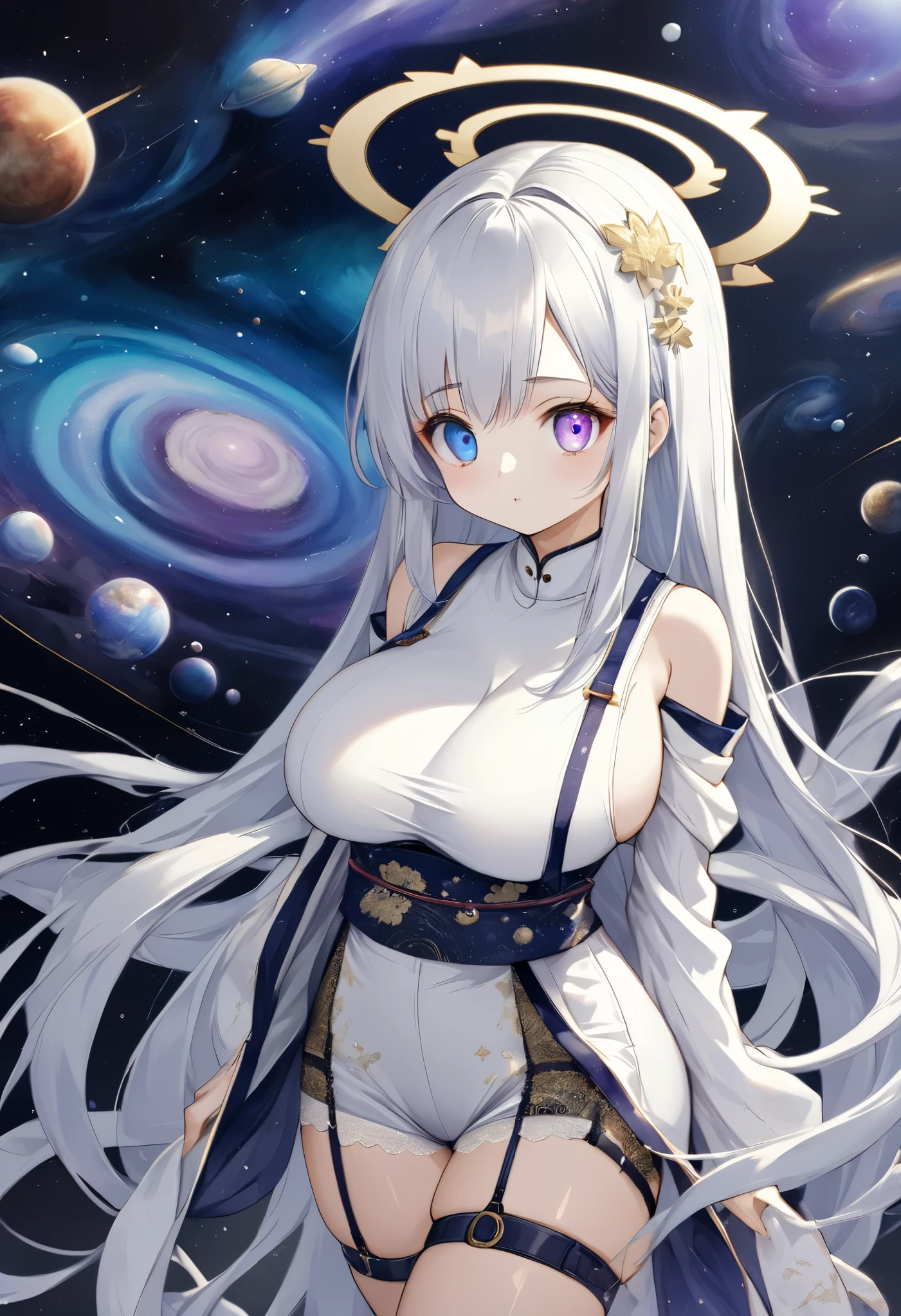  fresh illustration ,
Superfine painting,
 top quality,
 very delicate illustration ,
 Very fine details ,
 beautiful attractive anime style ,
Fascinating anime style ,
Super detailed drawing ,
 beautiful and sophisticated illustration of one girl ,
 full body view,
Height: 158cm,
Fair skin,
 right eye blue left eye purple perfect heterochromia ,
 large black pupils ,
 beautiful eyes,
 super long hair,
 shiny hair ,
 The roots of the hair are blue and the others are gray ,
 The hair is gradated
My forehead is half sticking out,
 pretty and cute face ,
Cheeks are ruddy,
 A small, shiny halo is floating on the back of the head,
Lowering the eyebrows,
 since age 27,
The upper half of the body is in a traditional Japanese kimono,
Overall white clothes ,
 lower body Nadres ,
The color of the belt is black ,
 The design is tastefully embroidered with gold thread,
 fine fabric clothing ,
Shoulder-width narrower shoulders,
mega breasts,
Isometric,
Golden Ratio,
god々 like atmosphere,
 The undershirt is indigo-colored with a stand-up collar,
 outer space ,
There are multiple galaxies ,
Little Star々 upper body ,
 tactical use of shadows ,
 The hair and the halo on the head do not extend beyond the frame,
Clothes don't stick out of the angle of view ,
 garter belt,
 stockings ,
 The thigh straps are digging into the skin,
ivory lace shorts,
 white boots,
 There are countless Japanese style ,
 Thin Waist,
Thick thighs,
Standing,
Long Shot,