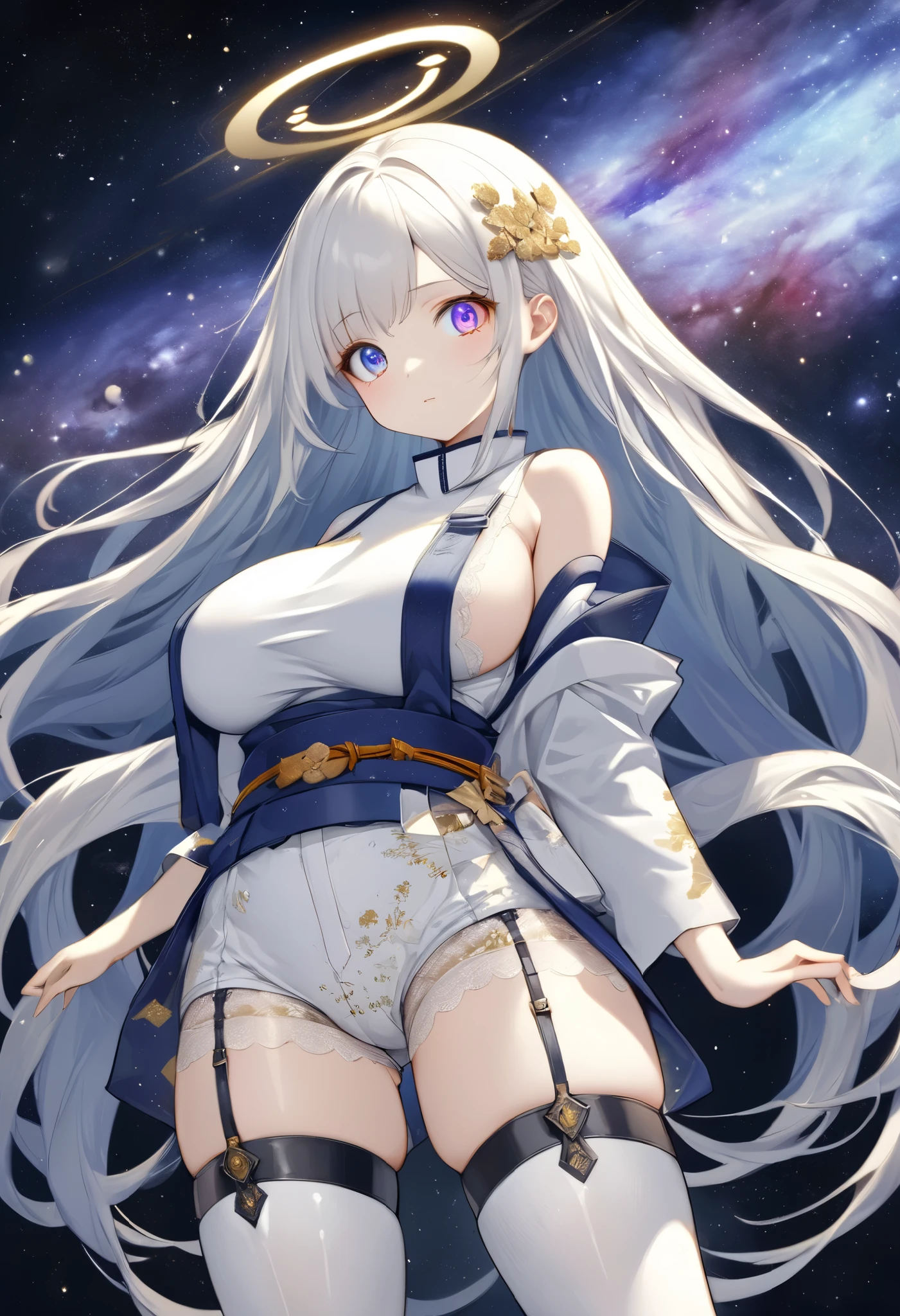 fresh illustration ,
Superfine painting,
top quality,
very delicate illustration ,
Very fine details ,
beautiful attractive anime style ,
Fascinating anime style ,
Super detailed drawing ,
beautiful and sophisticated illustration of one girl ,
full body view,
Height: 158cm,
Fair skin,
right eye blue left eye purple perfect heterochromia ,
large black pupils ,
beautiful eyes,
super long hair,
shiny hair ,
The roots of the hair are blue and the others are gray ,
The hair is gradated
My forehead is half sticking out,
pretty and cute face ,
Cheeks are ruddy,
A small, shiny halo is floating on the back of the head,
Lowering the eyebrows,
since age 27,
The upper half of the body is in a traditional Japanese kimono,
Overall white clothes ,
lower body Nadres ,
The color of the belt is black ,
The design is tastefully embroidered with gold thread,
fine fabric clothing ,
Shoulder-width narrower shoulders,
mega breasts,
Isometric,
Golden Ratio,
god々 like atmosphere,
The undershirt is indigo-colored with a stand-up collar,
outer space ,
There are multiple galaxies ,
Little Star々 upper body ,
tactical use of shadows ,
The hair and the halo on the head do not extend beyond the frame,
Clothes don't stick out of the angle of view ,
garter belt,
stockings ,
The thigh straps are digging into the skin,
ivory lace shorts,
white boots,
There are countless Japanese style ,
Thin Waist,
Thick thighs,
Standing,
Long Shot,