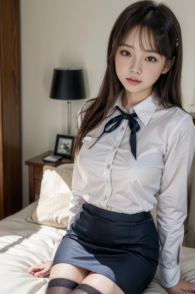 (best quality, masterpiece, 16k, ultra detailed, beautiful skin, professional lighting) A girl,、｛(office lady uniform,dress shirt,ribbon,dark blue pencil skirt ,black stockings,cowboy shot)}、( big bedroom,-yeld,),(ooking for me))),(((from front,前から)))