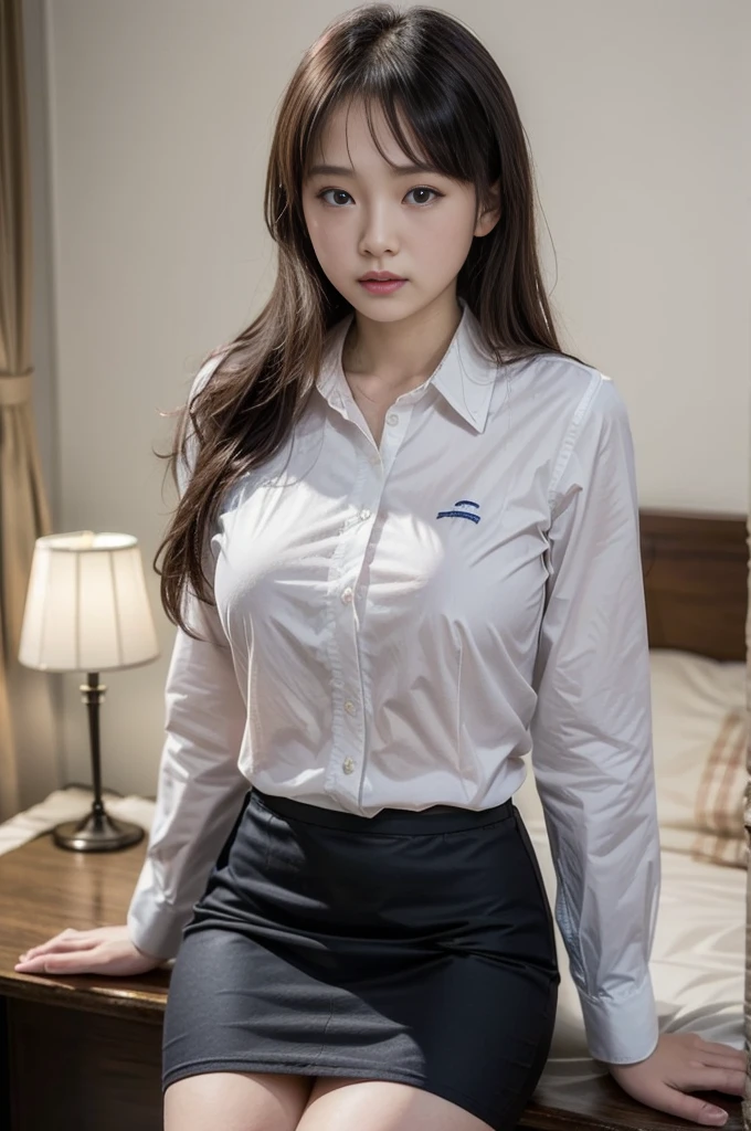 (best quality, masterpiece, 16k, ultra detailed, beautiful skin, professional lighting) A girl,、｛(office lady uniform,dress shirt,ribbon,dark blue pencil skirt ,black stockings,cowboy shot)}、( big bedroom,**-*****-***,),(((looking for me))),(((from front,前から)))