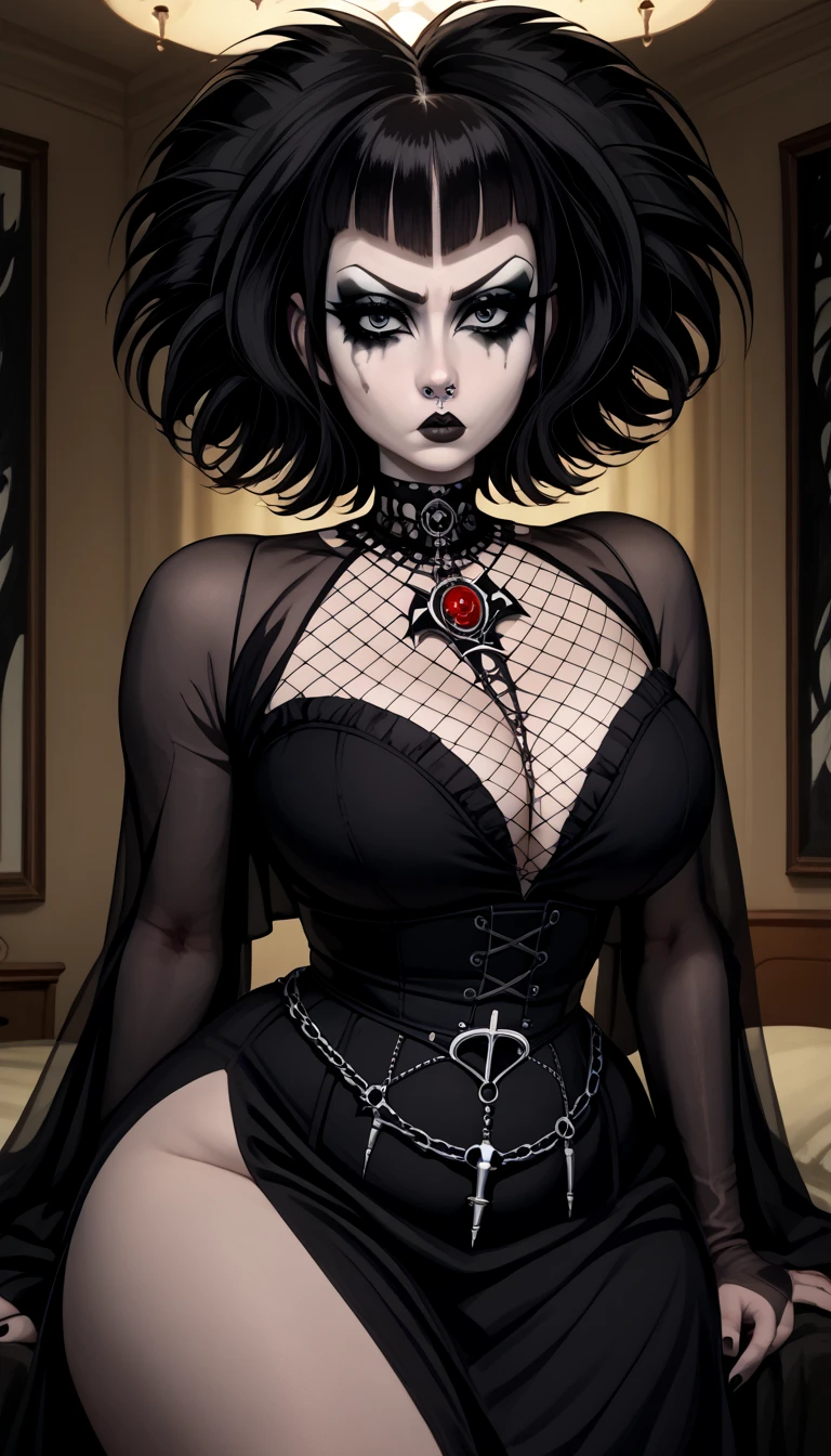 Expressive,((Goth girl goddess)), ((Goth)), huge breasts,  muscular thighs),score_9, score_8_ up, score_7_ up, (Short black hair,  straight bangs),  source_Anime, Arrogant,  annoyed expression, romantic Goth clothes, perfect face,  beautiful girl,  beautiful face,  Evil Smiles, facial expression, ((tight  sexy fishnet dress)) ((trad goth makeup, trad goth, gothic, makeup, white foundation, heavy eyeliner, gothic eyeliner,)) vampire goth, trad goth clothes, long goth dress, 1girl, looking at viewer