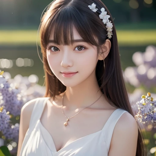 最 High Quality , Masterpiece, High ResolutiOn,  One Girl , , ( bewitching smile: 0.8), Star Student, Chinese Hanfu Lilac,  hair accessories,  necklace,   jewelry,  beauty, On_body, tyndall effect,  realism, Lotus POnd, Light Edge, Two-tOne Lighting, ( High Detail Skin : 1.2), 8K UHD,  dslr , Soft light,  High Quality ,  volumetric lighting, Hidden Photos, High ResolutiOn, 4K, 8k, Background blur