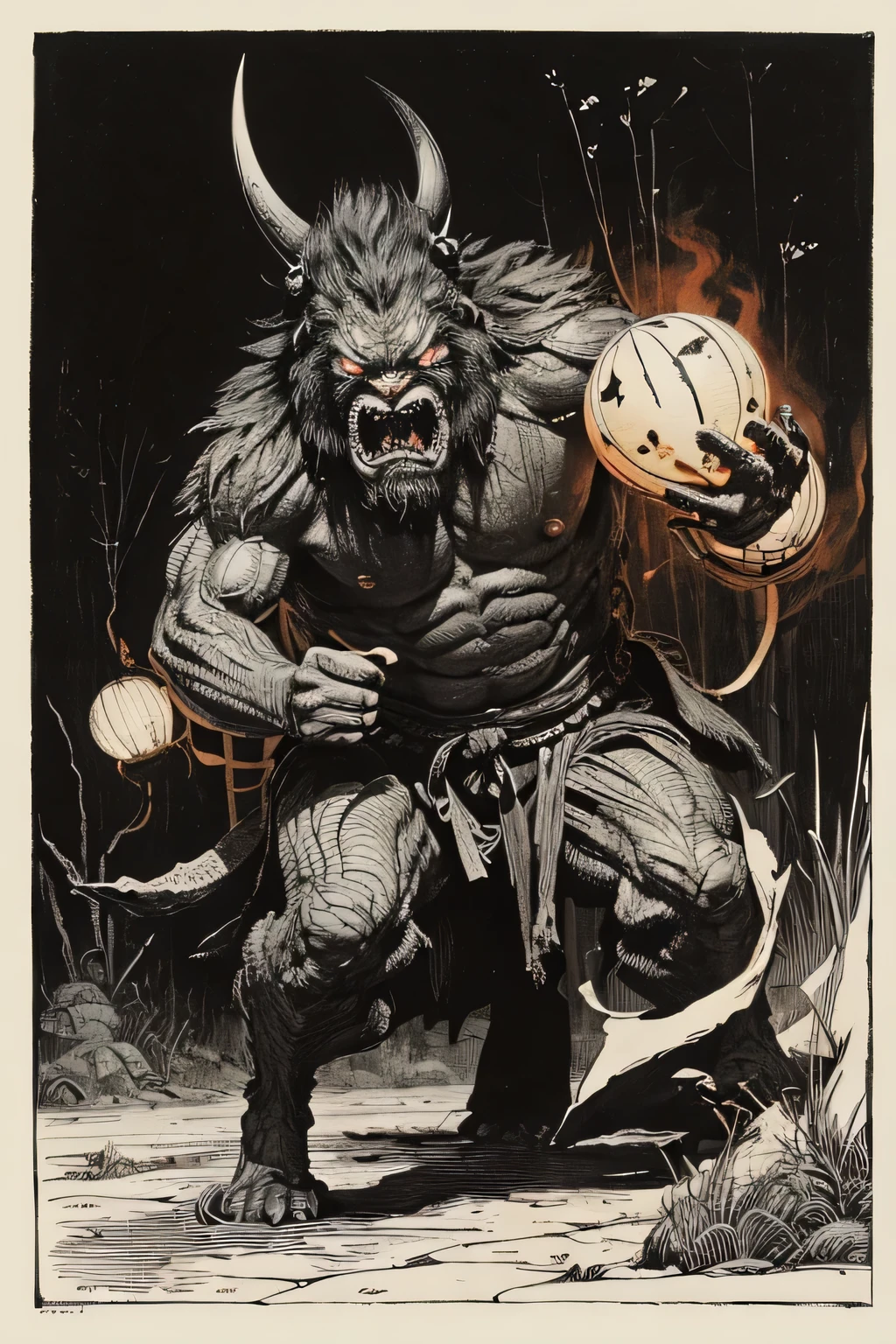 (( Darkness)), ((Beastman's monster )), ((Jumpscare)), outline warm color, ((festival)), ((Choju Jinbutsu Giga)), ((Shihon Bokuga)), antique, (personality personification ), (Ink painting), ( Black and White Art ), (Old paper style illustration), (Hunting Painting Style, Little Monster , Old performance, Variation pointillism, flat illustration , creepy, ((Horror elements)), ( creepy) worldview, ( Primitive art ), outline warm color, are styled like old picture scrolls, Old stage, Ancient mural style, Japanese Yokai, huge body , Intense Movements , muscularity, twists the upper body, xuer house