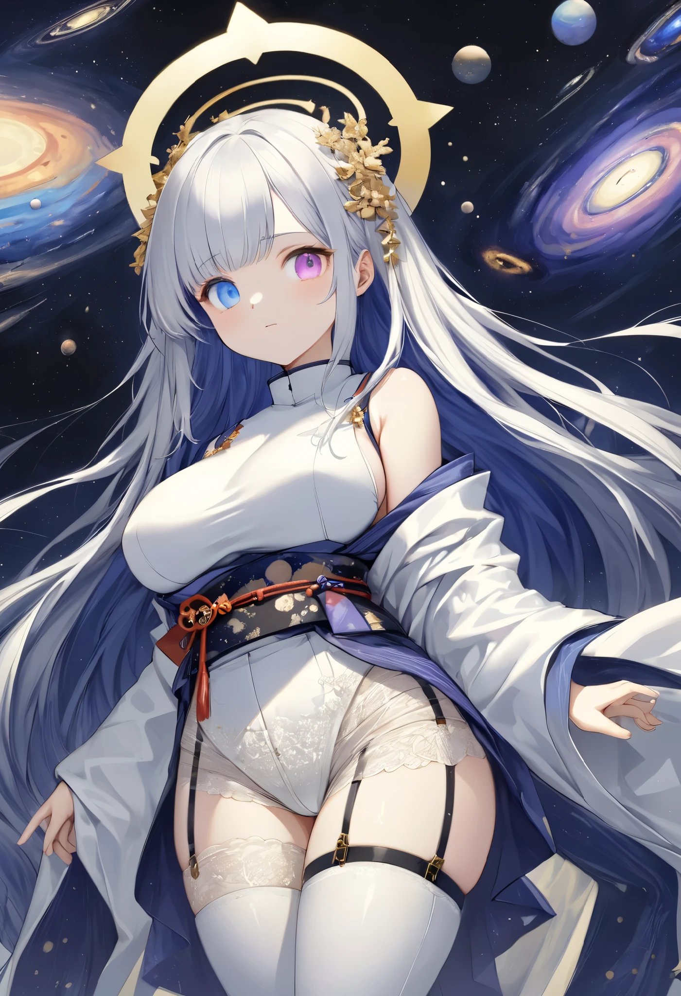 fresh illustration ,
Superfine painting,
top quality,
very delicate illustration ,
Very fine details ,
beautiful attractive anime style ,
Fascinating anime style ,
Super detailed drawing ,
beautiful and sophisticated illustration of one girl ,
full body view,
Height: 158cm,
Fair skin,
right eye blue left eye purple perfect heterochromia ,
large black pupils ,
beautiful eyes,
super long hair,
shiny hair ,
The roots of the hair are blue and the others are gray ,
The hair is gradated
My forehead is half sticking out,
pretty and cute face ,
Cheeks are ruddy,
A small, shiny halo is floating on the back of the head,
Lowering the eyebrows,
since age 27,
The upper half of the body is in a traditional Japanese kimono,
Overall white clothes ,
lower body Nadres ,
The color of the belt is black ,
The design is tastefully embroidered with gold thread,
fine fabric clothing ,
Shoulder-width narrower shoulders,
mega breasts,
Isometric,
Golden Ratio,
god々 like atmosphere,
The undershirt is indigo-colored with a stand-up collar,
outer space ,
There are multiple galaxies ,
Little Star々 upper body ,
tactical use of shadows ,
The hair and the halo on the head do not extend beyond the frame,
Clothes don't stick out of the angle of view ,
garter belt,
stockings ,
The thigh straps are digging into the skin,
ivory lace shorts,
white boots,
There are countless Japanese style ,
Thin Waist,
Thick thighs,
Standing,
Long Shot,