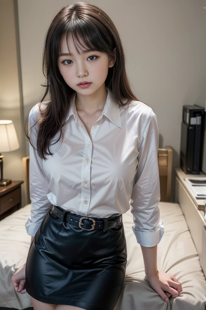 (best quality, masterpiece, 16k, ultra detailed, beautiful skin, professional lighting) A girl,、｛(office lady uniform,dress shirt,ribbon,dark blue pencil skirt ,gather belt,black stockings,cowboy shot)}、( big bedroom,**-*****-***,),(((looking for me))),(((from front,前から)))