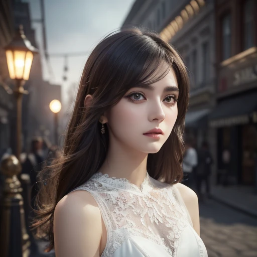 Masterpiece, (front focus),  Surrealist woman portrait,  fantasy art,  realism,   dynamic lighting  ,  art station , Poster,  volumetric lighting,  very detailed face, Black hairy eyes,  Eyeliner,4K,  Award winning ,  1 girl,  discreet , full body shot, (Formal attire: 1.4,White lace dress), Street lamp,  dark brown hair ,