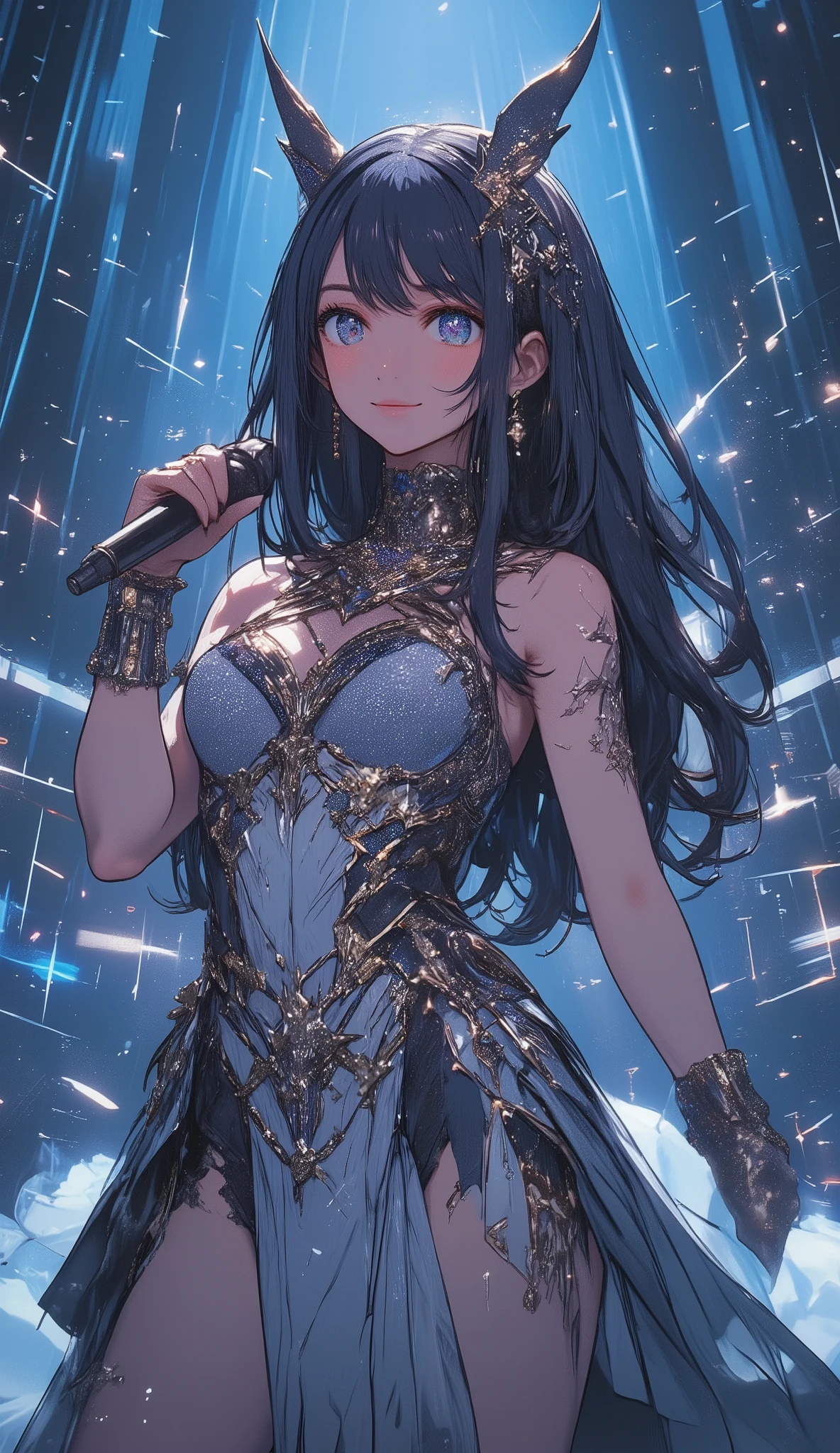 Ai Hoshino、Idol Costumes、 upper body、 holding a microphone 、 simple background、Laser lights are scattered