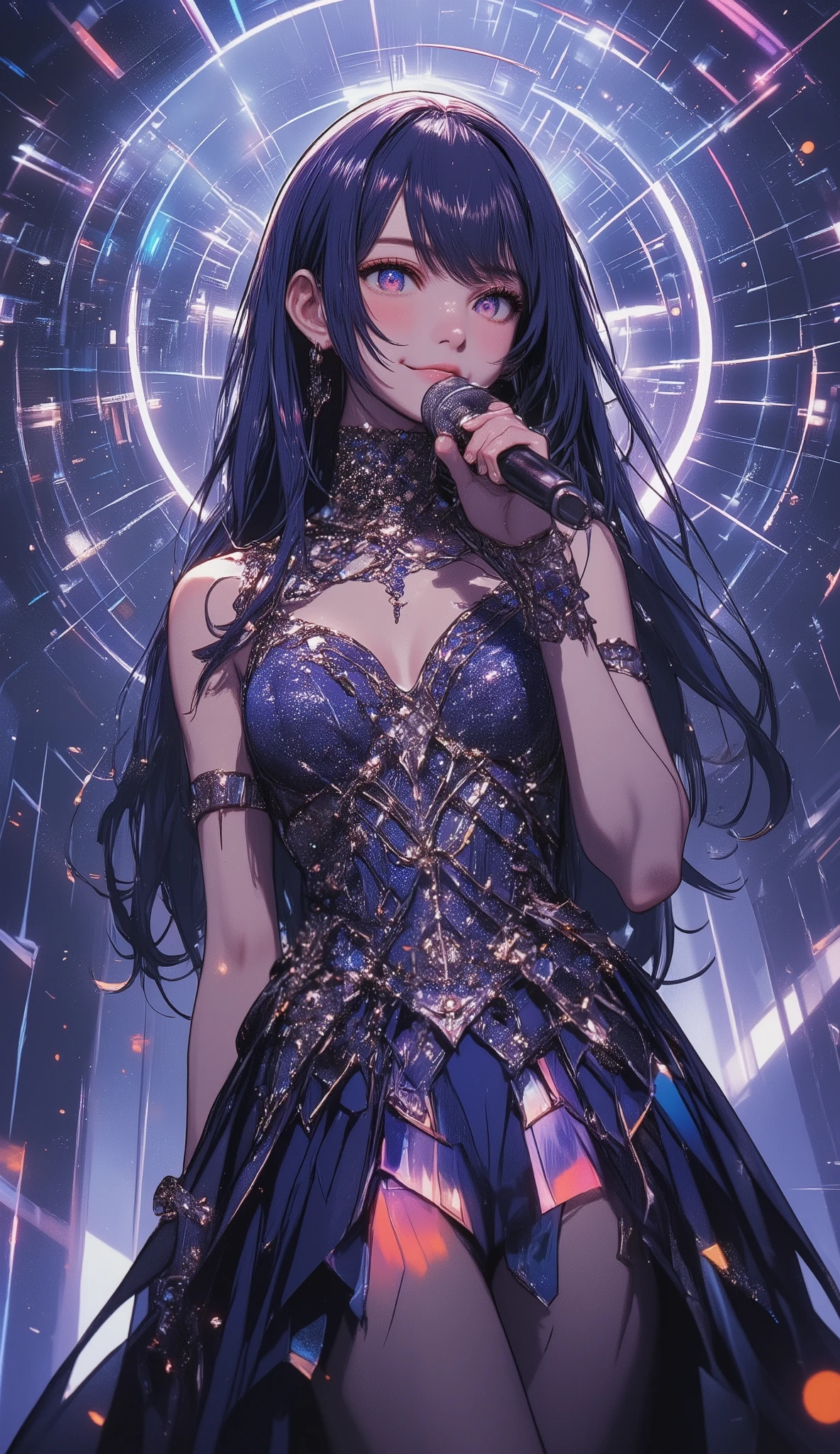 Ai Hoshino、Idol Costumes、 upper body、 holding a microphone 、 simple background、Laser lights are scattered