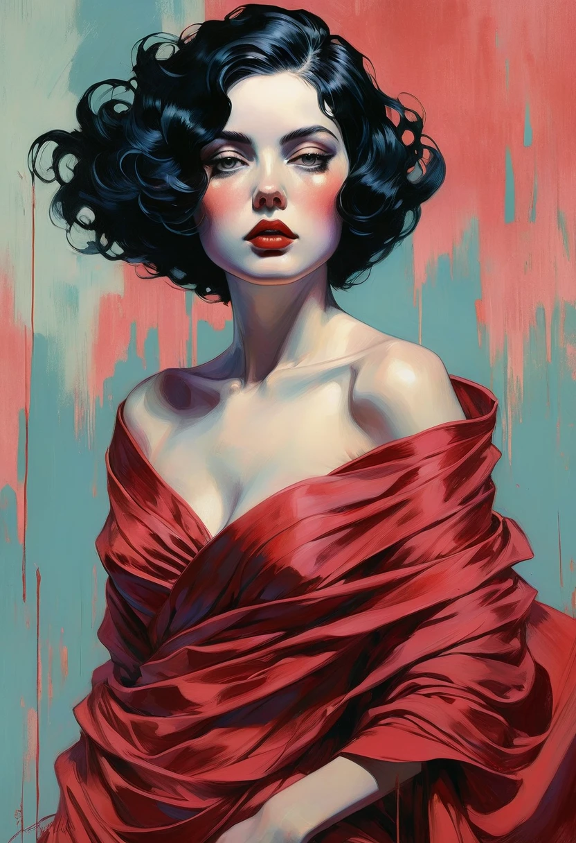 Sexy illustration of an elegant queen using chiaroscuro (((Short hair without bangs:1.4、beautiful eyes) , High quality ,Silk dress, matte paint, John Singer Sargent, author：Katsuya Terada、 Very soft colors, Deep and vivid, Deep red pastel, Very detailed, The art of math, High contrast, dramatic, complicated, Tone, close, Sexy and romantic、masterpiece、The Minimalists、chiaroscuro technique on sensual illustration of an elegant 1980s woman, vintage beauty, eerie, the model draped in flowing, thick oil painting, by Hannah Dale, by Harumi Hironaka, extremely soft colors, vibrant, highly detailed, malcolm liepke painting, oil on canvas, high contrast, dramatic, refined, tonal, Create high contrast between light and shadow