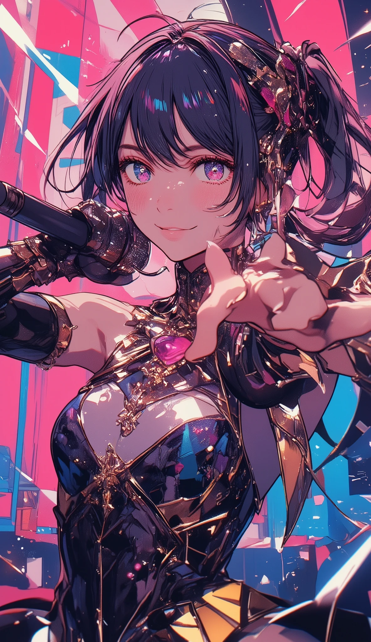 Ai Hoshino、Idol Costumes、 upper body、 holding a microphone 、 simple background