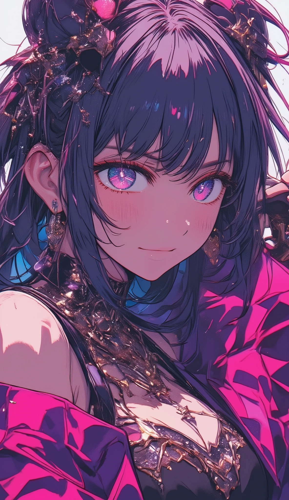 Ai Hoshino、Idol Costumes、 upper body、 holding a microphone 、 simple background
