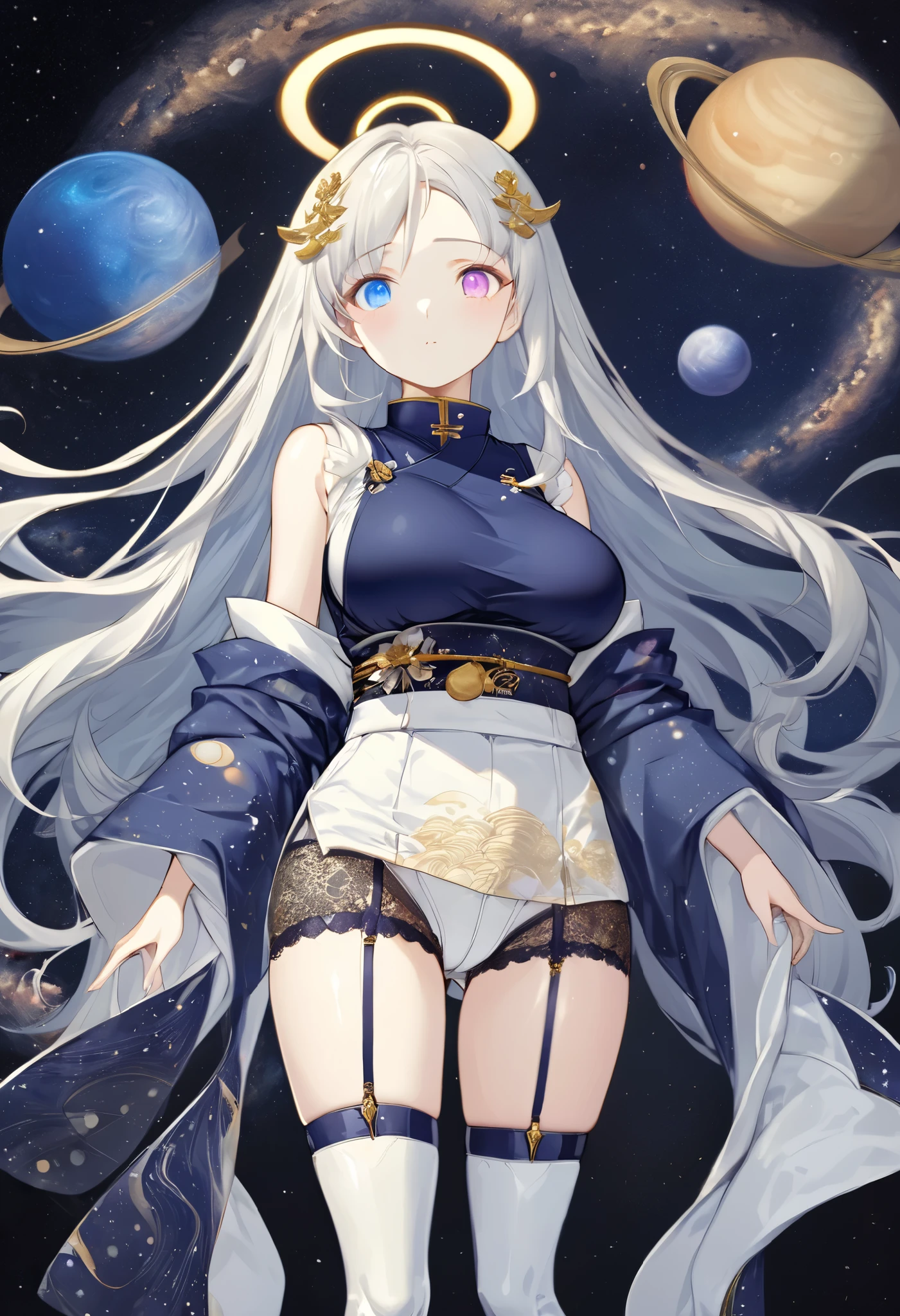 fresh illustration ,
Superfine painting,
top quality,
very delicate illustration ,
Very fine details ,
beautiful attractive anime style ,
Fascinating anime style ,
Super detailed drawing ,
beautiful and sophisticated illustration of one girl ,
full body view,
Height: 158cm,
Fair skin,
right eye blue left eye purple perfect heterochromia ,
large black pupils ,
beautiful eyes,
super long hair,
shiny hair ,
The roots of the hair are blue and the others are gray ,
The hair is gradated
My forehead is half sticking out,
pretty and cute face ,
Cheeks are ruddy,
A small, shiny halo is floating on the back of the head,
Lowering the eyebrows,
since age 27,
The upper half of the body is in a traditional Japanese kimono,
Overall white clothes ,
lower body Nadres ,
The color of the belt is black ,
The design is tastefully embroidered with gold thread,
fine fabric clothing ,
Shoulder-width narrower shoulders,
mega breasts,
Isometric,
Golden Ratio,
god々 like atmosphere,
The undershirt is indigo-colored with a stand-up collar,
outer space ,
There are multiple galaxies ,
Little Star々 upper body ,
tactical use of shadows ,
The hair and the halo on the head do not extend beyond the frame,
Clothes don't stick out of the angle of view ,
garter belt,
stockings ,
The thigh straps are digging into the skin,
ivory lace shorts,
white boots,
There are countless Japanese style ,
Thin Waist,
Thick thighs,
Standing,
Long Shot,