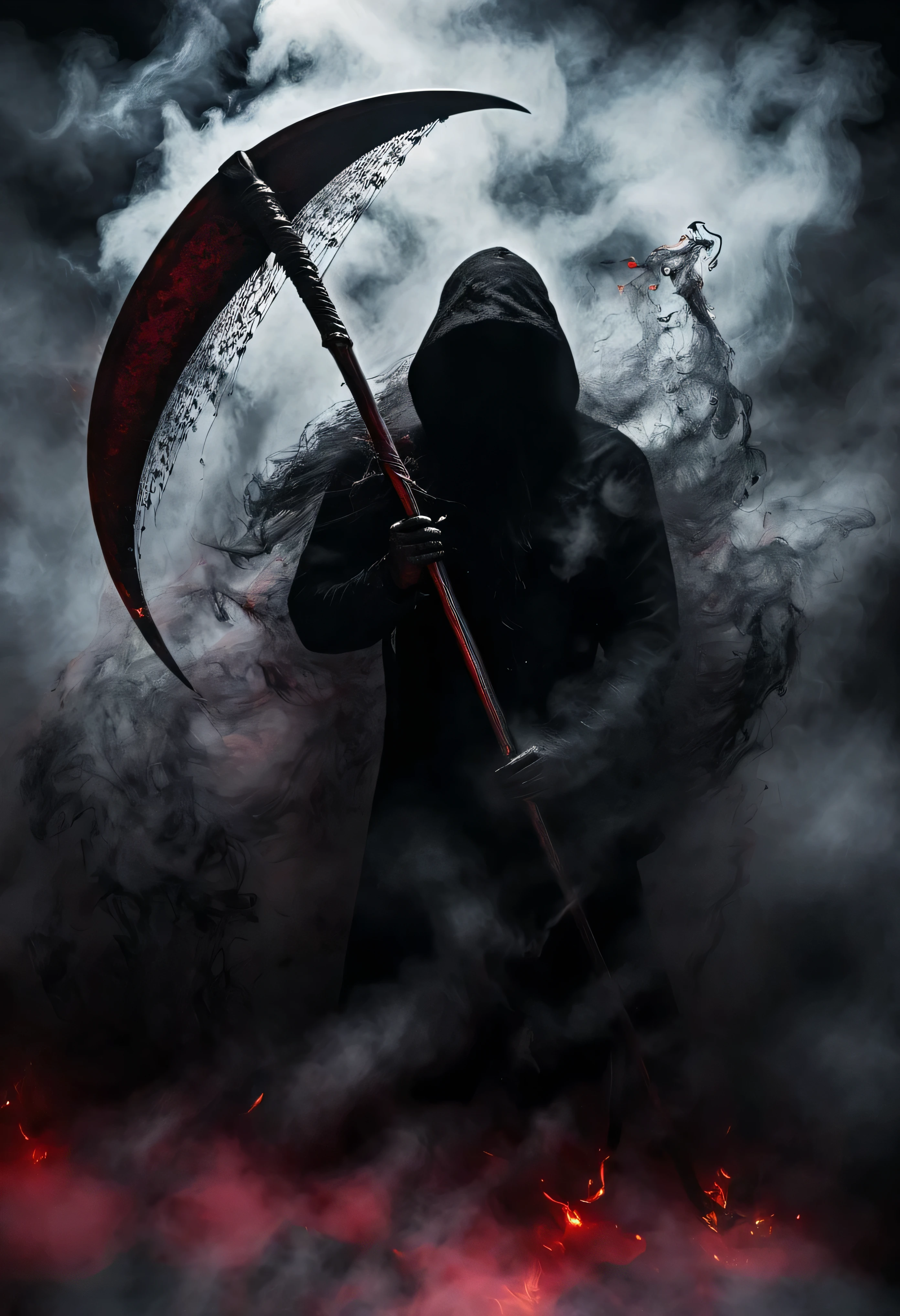 Black grim reaper, Engulfed BY black and red, (Holding his scythe),detailed scythe, best quality, ultra-detailed, dark and mysterious, Gothic style, menacing presence, haunting atmosphere, ethereal lighting, grim and foreboding, eerie shadows, swirling mist, supernatural elements, skull motif, dramatic composition, macabre aesthetics,