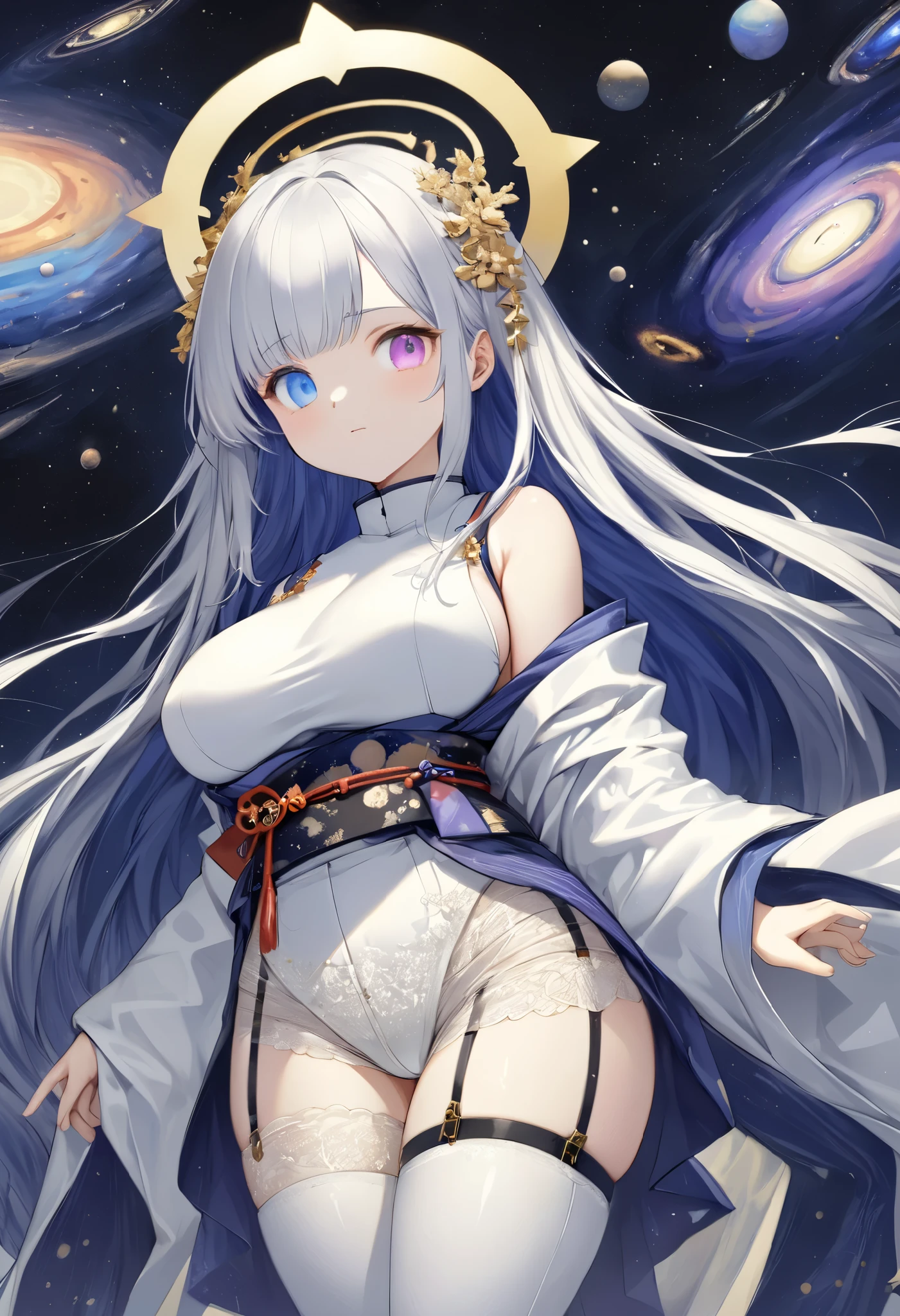 fresh illustration ,
Superfine painting,
top quality,
very delicate illustration ,
Very fine details ,
beautiful attractive anime style ,
Fascinating anime style ,
Super detailed drawing ,
beautiful and sophisticated illustration of one girl ,
full body view,
Height: 158cm,
Fair skin,
right eye blue left eye purple perfect heterochromia ,
large black pupils ,
beautiful eyes,
super long hair,
shiny hair ,
The roots of the hair are blue and the others are gray ,
The hair is gradated
My forehead is half sticking out,
pretty and cute face ,
Cheeks are ruddy,
A small, shiny halo is floating on the back of the head,
Lowering the eyebrows,
since age 27,
The upper half of the body is in a traditional Japanese kimono,
Overall white clothes ,
lower body Nadres ,
The color of the belt is black ,
The design is tastefully embroidered with gold thread,
fine fabric clothing ,
Shoulder-width narrower shoulders,
mega breasts,
Isometric,
Golden Ratio,
god々 like atmosphere,
The undershirt is indigo-colored with a stand-up collar,
outer space ,
There are multiple galaxies ,
Little Star々 upper body ,
tactical use of shadows ,
The hair and the halo on the head do not extend beyond the frame,
Clothes don't stick out of the angle of view ,
garter belt,
stockings ,
The thigh straps are digging into the skin,
ivory lace shorts,
white boots,
There are countless Japanese style ,
Thin Waist,
Thick thighs,
Standing,
Long Shot,