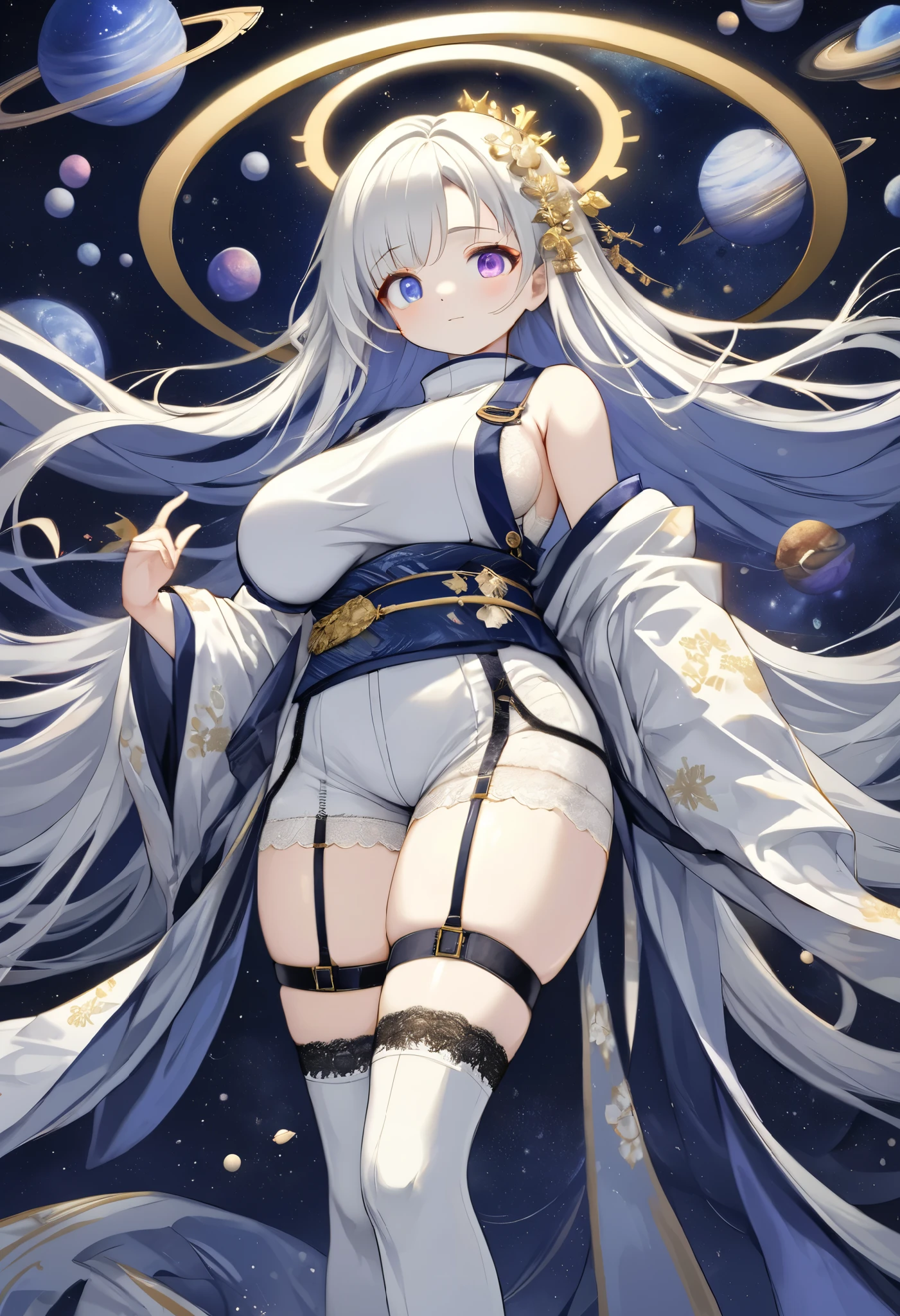 fresh illustration ,
Superfine painting,
top quality,
very delicate illustration ,
Very fine details ,
beautiful attractive anime style ,
Fascinating anime style ,
Super detailed drawing ,
beautiful and sophisticated illustration of one girl ,
full body view,
Height: 158cm,
Fair skin,
right eye blue left eye purple perfect heterochromia ,
large black pupils ,
beautiful eyes,
super long hair,
shiny hair ,
The roots of the hair are blue and the others are gray ,
The hair is gradated
My forehead is half sticking out,
pretty and cute face ,
Cheeks are ruddy,
A small, shiny halo is floating on the back of the head,
Lowering the eyebrows,
since age 27,
The upper half of the body is in a traditional Japanese kimono,
Overall white clothes ,
lower body Nadres ,
The color of the belt is black ,
The design is tastefully embroidered with gold thread,
fine fabric clothing ,
Shoulder-width narrower shoulders,
mega breasts,
Isometric,
Golden Ratio,
god々 like atmosphere,
The undershirt is indigo-colored with a stand-up collar,
outer space ,
There are multiple galaxies ,
Little Star々 upper body ,
tactical use of shadows ,
The hair and the halo on the head do not extend beyond the frame,
Clothes don't stick out of the angle of view ,
garter belt,
stockings ,
The thigh straps are digging into the skin,
ivory lace shorts,
white boots,
There are countless Japanese style ,
Thin Waist,
Thick thighs,
Standing,
Long Shot,