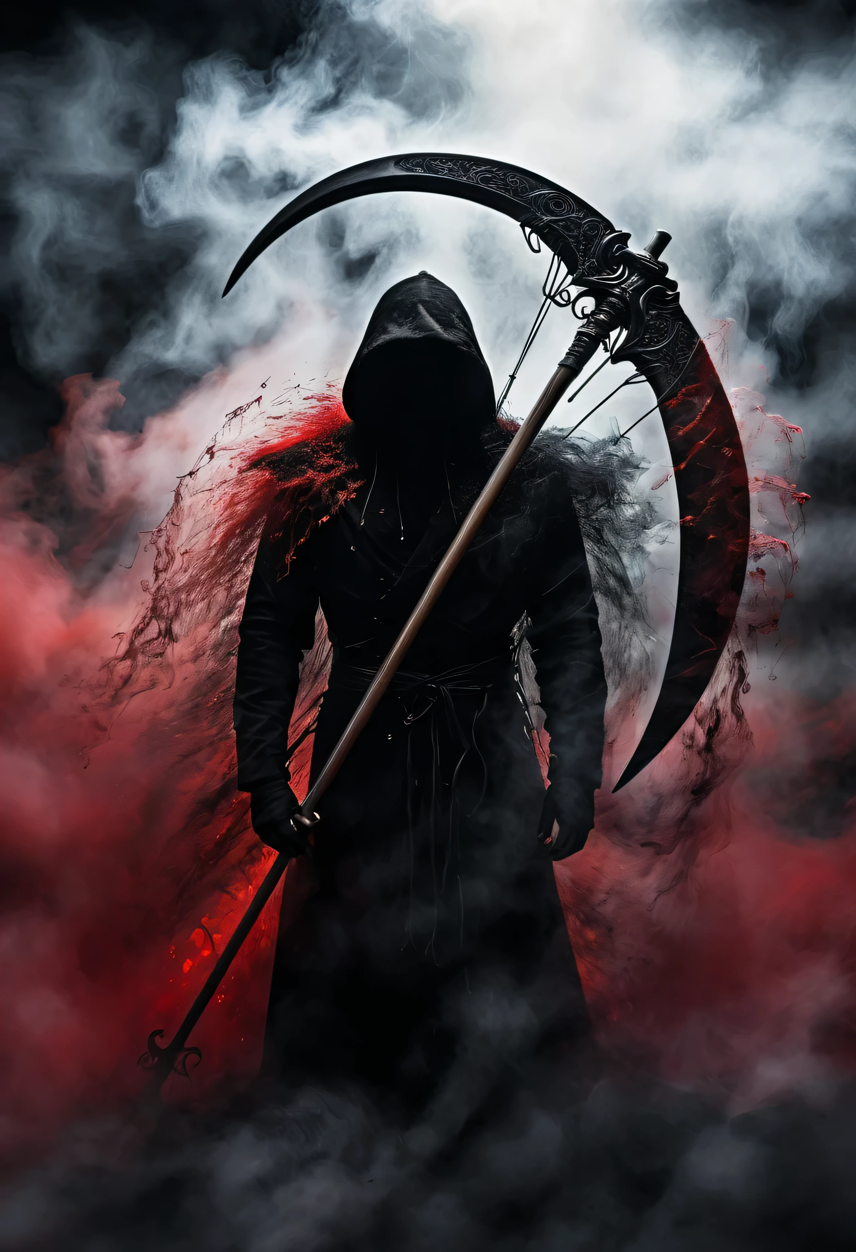 Black grim reaper, Engulfed BY black and red, (Holding his scythe),detailed scythe, best quality, ultra-detailed, dark and mysterious, Gothic style, menacing presence, haunting atmosphere, ethereal lighting, grim and foreboding, eerie shadows, swirling mist, supernatural elements, skull motif, dramatic composition, macabre aesthetics,