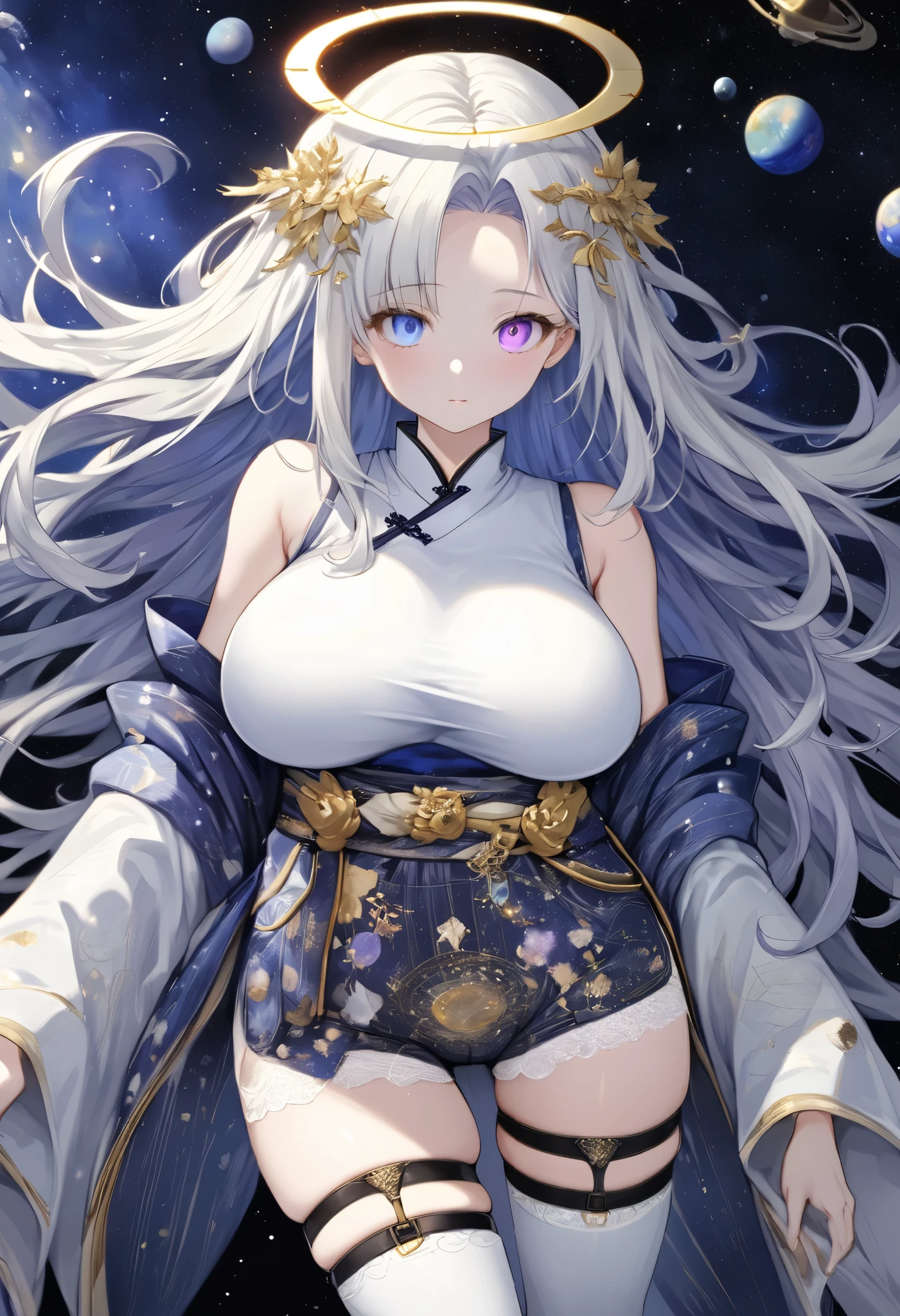 fresh illustration ,
Superfine painting,
top quality,
very delicate illustration ,
Very fine details ,
beautiful attractive anime style ,
Fascinating anime style ,
Super detailed drawing ,
beautiful and sophisticated illustration of one girl ,
full body view,
Height: 158cm,
Fair skin,
right eye blue left eye purple perfect heterochromia ,
large black pupils ,
beautiful eyes,
super long hair,
shiny hair ,
The roots of the hair are blue and the others are gray ,
The hair is gradated
My forehead is half sticking out,
pretty and cute face ,
Cheeks are ruddy,
A small, shiny halo is floating on the back of the head,
Lowering the eyebrows,
since age 27,
The upper half of the body is in a traditional Japanese kimono,
Overall white clothes ,
lower body Nadres ,
The color of the belt is black ,
The design is tastefully embroidered with gold thread,
fine fabric clothing ,
Shoulder-width narrower shoulders,
mega breasts,
Isometric,
Golden Ratio,
god々 like atmosphere,
The undershirt is indigo-colored with a stand-up collar,
outer space ,
There are multiple galaxies ,
Little Star々 upper body ,
tactical use of shadows ,
The hair and the halo on the head do not extend beyond the frame,
Clothes don't stick out of the angle of view ,
garter belt,
stockings ,
The thigh straps are digging into the skin,
ivory lace shorts,
white boots,
There are countless Japanese style ,
Thin Waist,
Thick thighs,
Standing,
Long Shot,