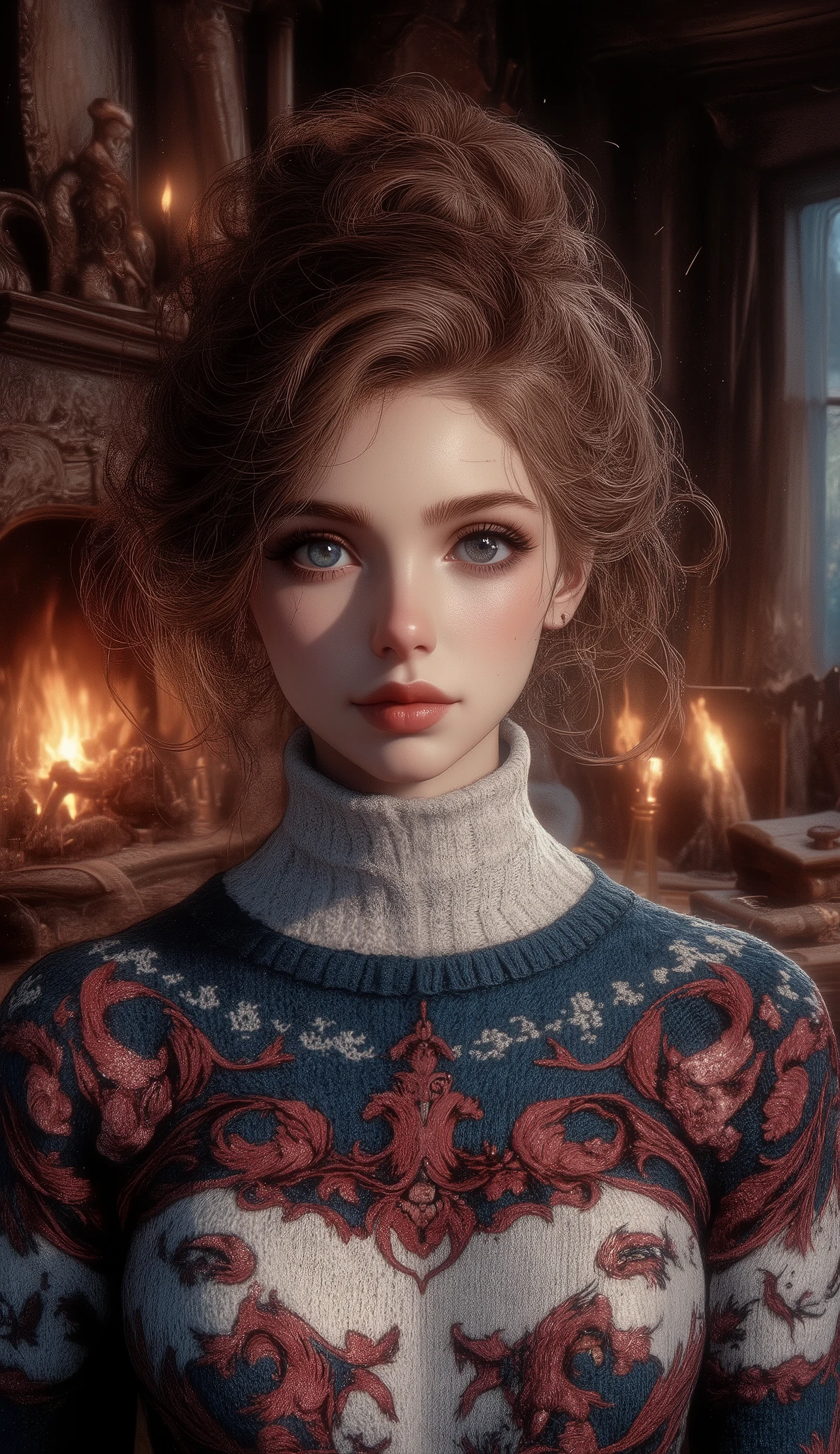 a beautiful woman with beautiful eyes :1.2, blue detailed eyes sweater, full and beautiful lips , highly detailed eyes and faces , long lashes , cute expression, to smile,1.4, Standing , homemade background , sweater , fireplace with details, Warm Light, Detailed lighting and shadows , anime style , 8k, High resolution , masterpiece :1.4, bright colors,