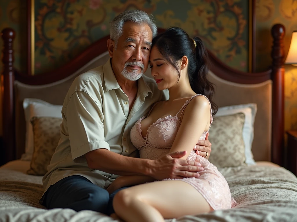 Thai woman, age 18, beautiful and cute,long black hair,No shoes.,full body picture,I see bare feet.,thigh high,big breasts,Beautiful face,cuddling with a man,Thai man aged 80,gray white hair,