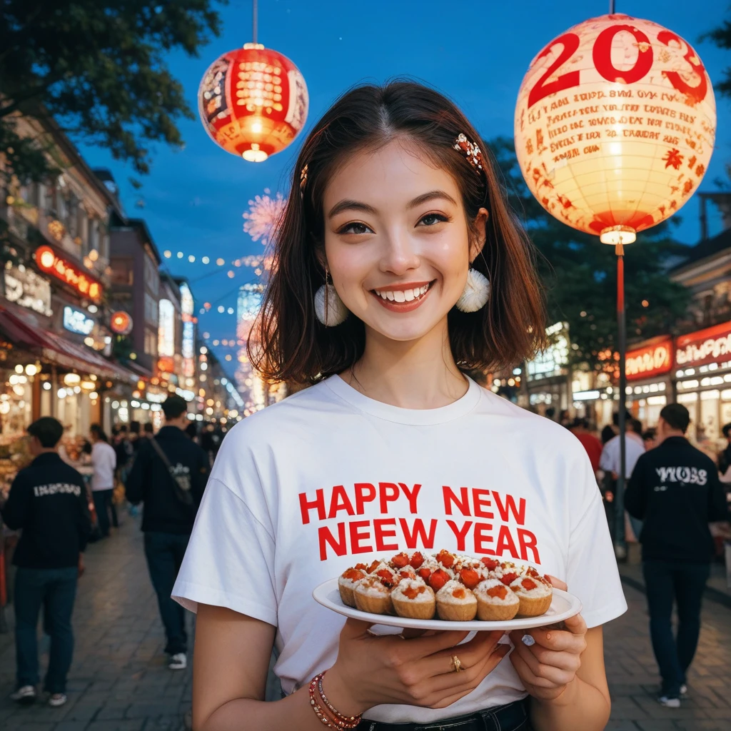 Street food scene 、New Year's animated illustration 、”２０２５　Shirts with the letters “Happy New Year”,firework