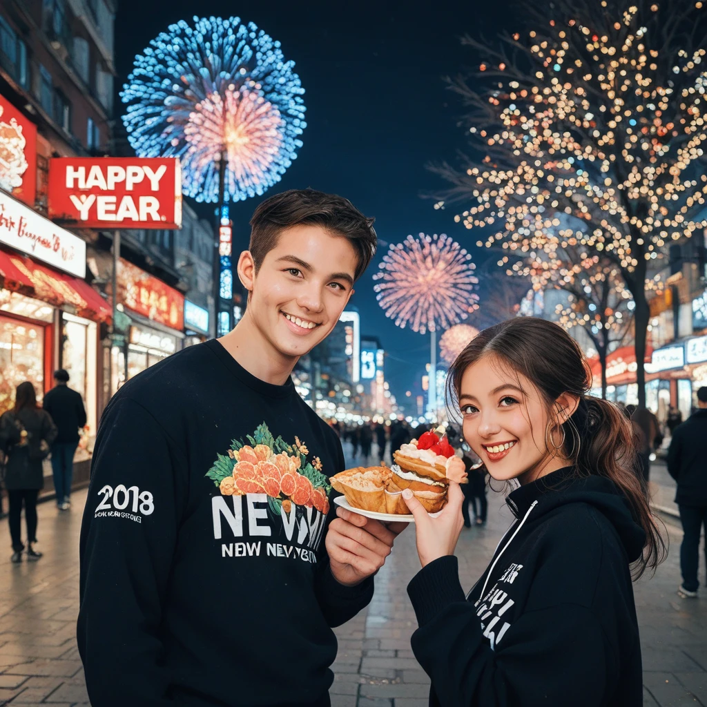 Street food scene 、New Year's animated illustration 、”２０２５　Shirts with the letters “Happy New Year”,firework