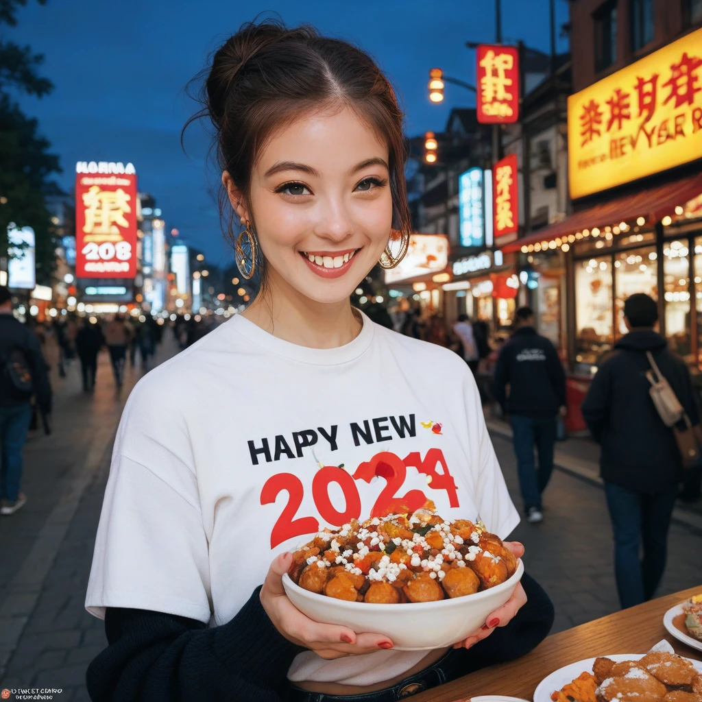 Street food scene 、New Year's animated illustration 、”２０２５　Shirts with the letters “Happy New Year”,firework