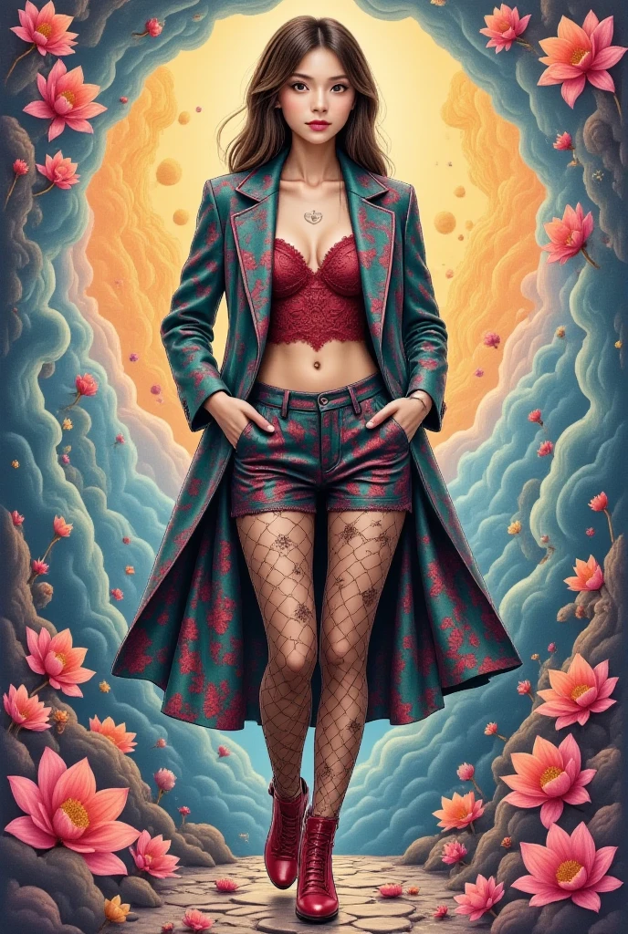 Perfect centralization, Fantastic black-red lightning bolt, eliminar, standing up position, belleza sueca, europea, con botas, Looking at the camera, in front of camera, nearing perfection, dynamic, Altamente detallado, liso, foco nítido, 8k, A high resolution, illustration, arte de Carne Griffiths y Wadim Kashin, Personajes de Goldfish
