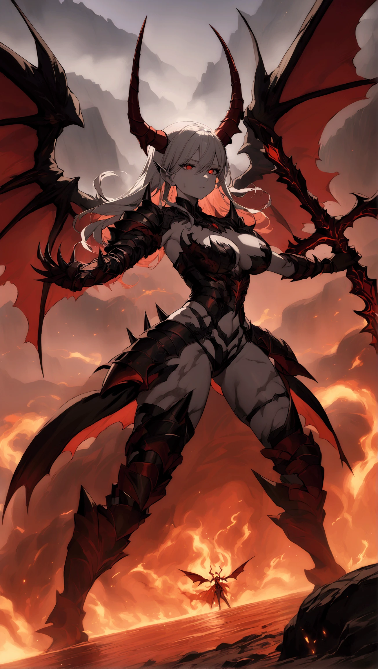  The Abyssal Warrior
Appearance :  A battle-hardened succubus ,  with breasts, thighs and large butt ,  with highly defined, sweaty ashy gray skin , irregular black horns ,  bright red eyes and scars on her arms .  Her armor is dark and full of spikes ,  with flamboyant accents on her wings .
pose:  Carrying forward with a demonic spear in her hand ,  her wings outstretched and eyes burning with fury .
bottom:  A fiery battlefield with rivers of lava ,  mountains crumbling Floods and a blood-red sky full of smoke and ash.