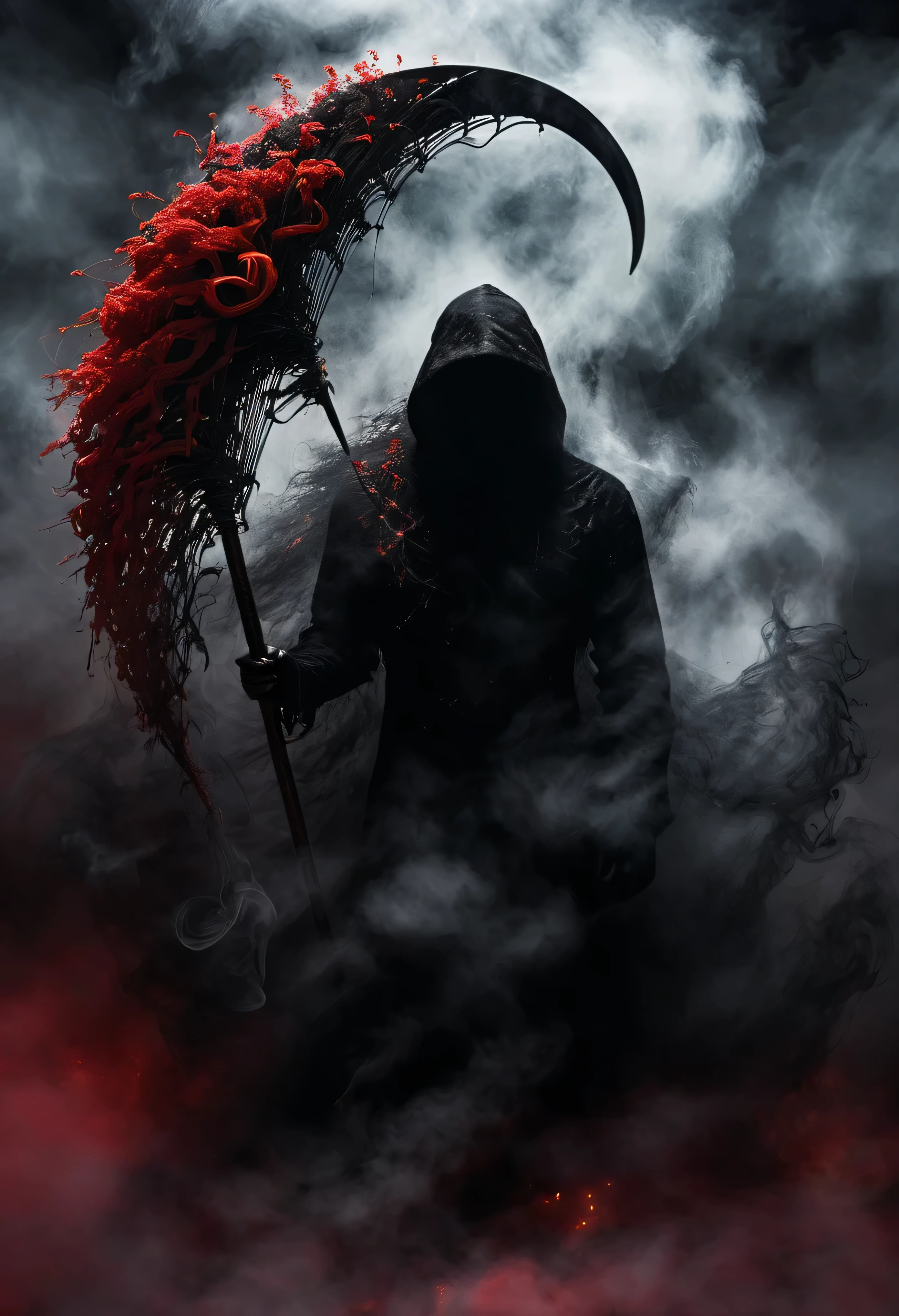 Black grim reaper, Engulfed BY black and red, (Holding his scythe),detailed scythe, best quality, ultra-detailed, dark and mysterious, Gothic style, menacing presence, haunting atmosphere, ethereal lighting, grim and foreboding, eerie shadows, swirling mist, supernatural elements, skull motif, dramatic composition, macabre aesthetics,