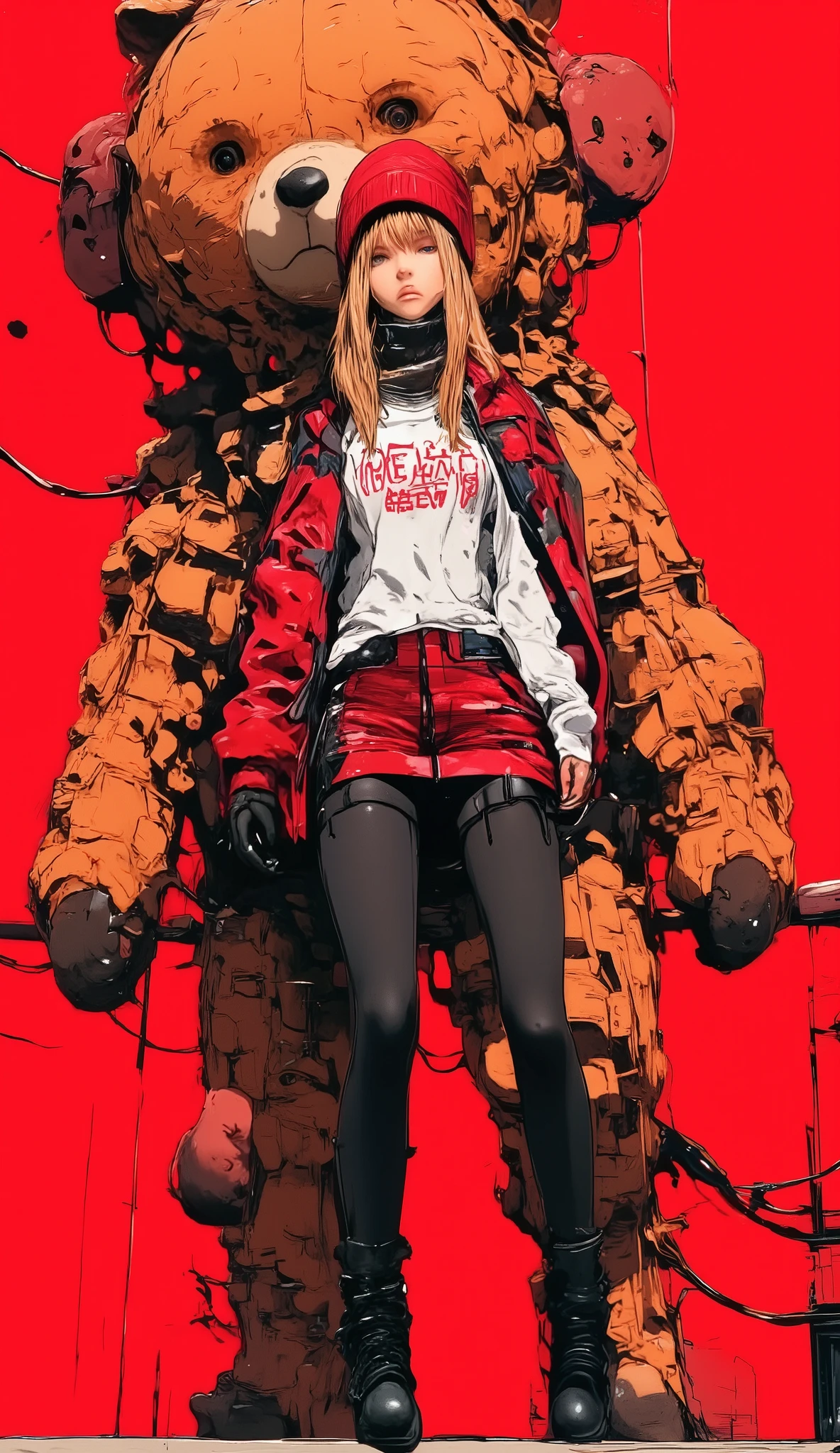    anatomically correct ,      anime girl with a giant teddy bear behind in the background,      she is half profile      ,      red and black plaid miniskirt      ,      three-quarter fishnet stockings      , long black boots,      white sweatshirt with red letters      ,       Flapping in the wind      , red wool hat      ,      red and black jacket that falls on her shoulders      ,      red background      ,      an anime drawing of Masamune Shirow      ,      dynamic and sensual pose     , trend on pixiv, Furry art, Danganronpa digital art,      Anime style  ,      Anime style ”,  Blonde anime girl with long hair  ,     High quality anime art style     ,      ranked among the best in pixiv      ,     Beautiful high school anime girl   , obra de arte de      Anime style  ,      anime illustration trend     