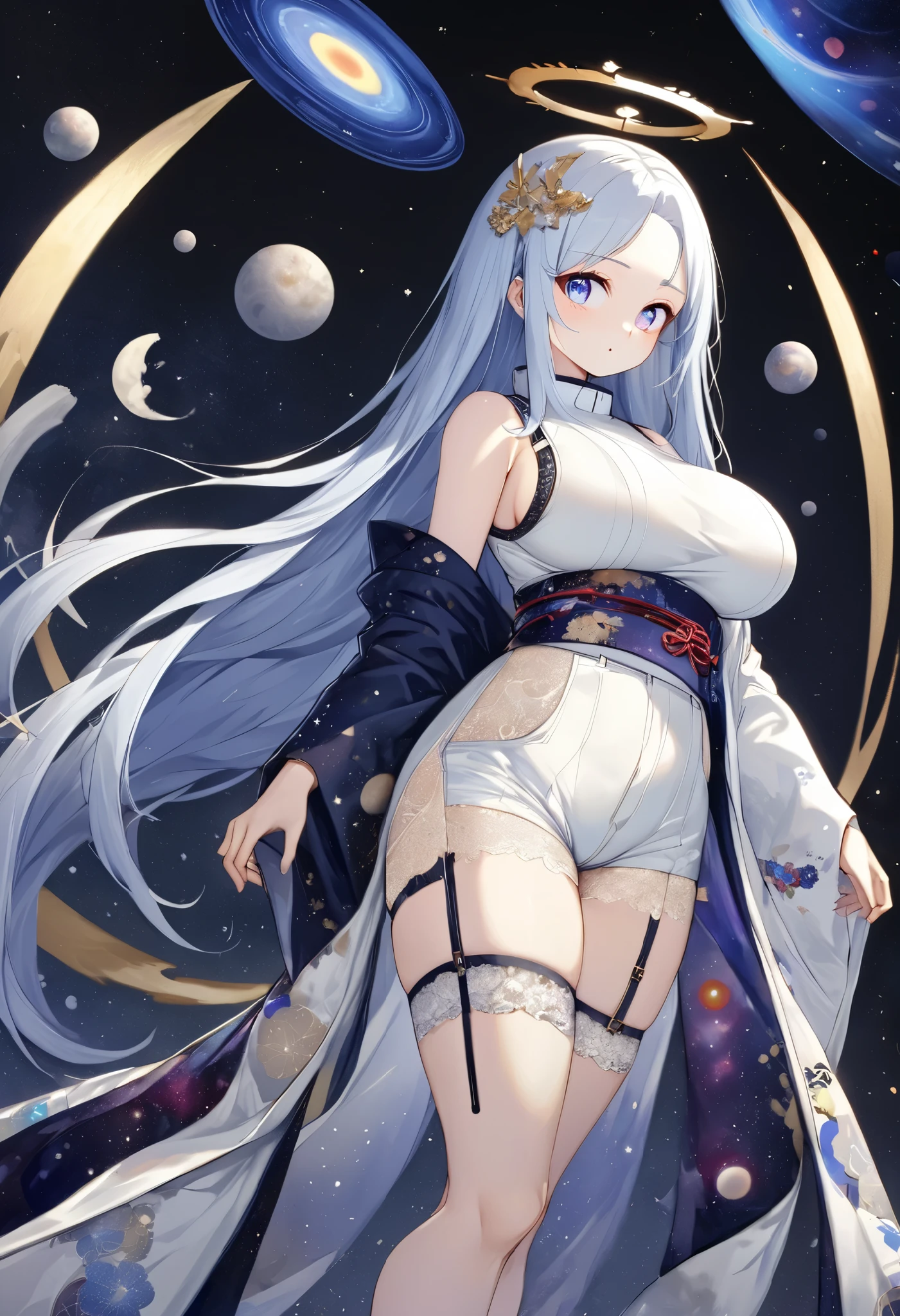 fresh illustration ,
Superfine painting,
top quality,
very delicate illustration ,
Very fine details ,
beautiful attractive anime style ,
Fascinating anime style ,
Super detailed drawing ,
beautiful and sophisticated illustration of one girl ,
full body view,
Height: 158cm,
Fair skin,
right eye blue left eye purple perfect heterochromia ,
large black pupils ,
beautiful eyes,
super long hair,
shiny hair ,
The roots of the hair are blue and the others are gray ,
The hair is gradated
My forehead is half sticking out,
pretty and cute face ,
Cheeks are ruddy,
A small, shiny halo is floating on the back of the head,
Lowering the eyebrows,
since age 27,
The upper half of the body is in a traditional Japanese kimono,
Overall white clothes ,
lower body Nadres ,
The color of the belt is black ,
The design is tastefully embroidered with gold thread,
fine fabric clothing ,
Shoulder-width narrower shoulders,
mega breasts,
Isometric,
Golden Ratio,
god々 like atmosphere,
The undershirt is indigo-colored with a stand-up collar,
outer space ,
There are multiple galaxies ,
Little Star々 upper body ,
tactical use of shadows ,
The hair and the halo on the head do not extend beyond the frame,
Clothes don't stick out of the angle of view ,
garter belt,
stockings ,
The thigh straps are digging into the skin,
ivory lace shorts,
white boots,
There are countless Japanese style ,
Thin Waist,
Thick thighs,
Standing,
Long Shot,