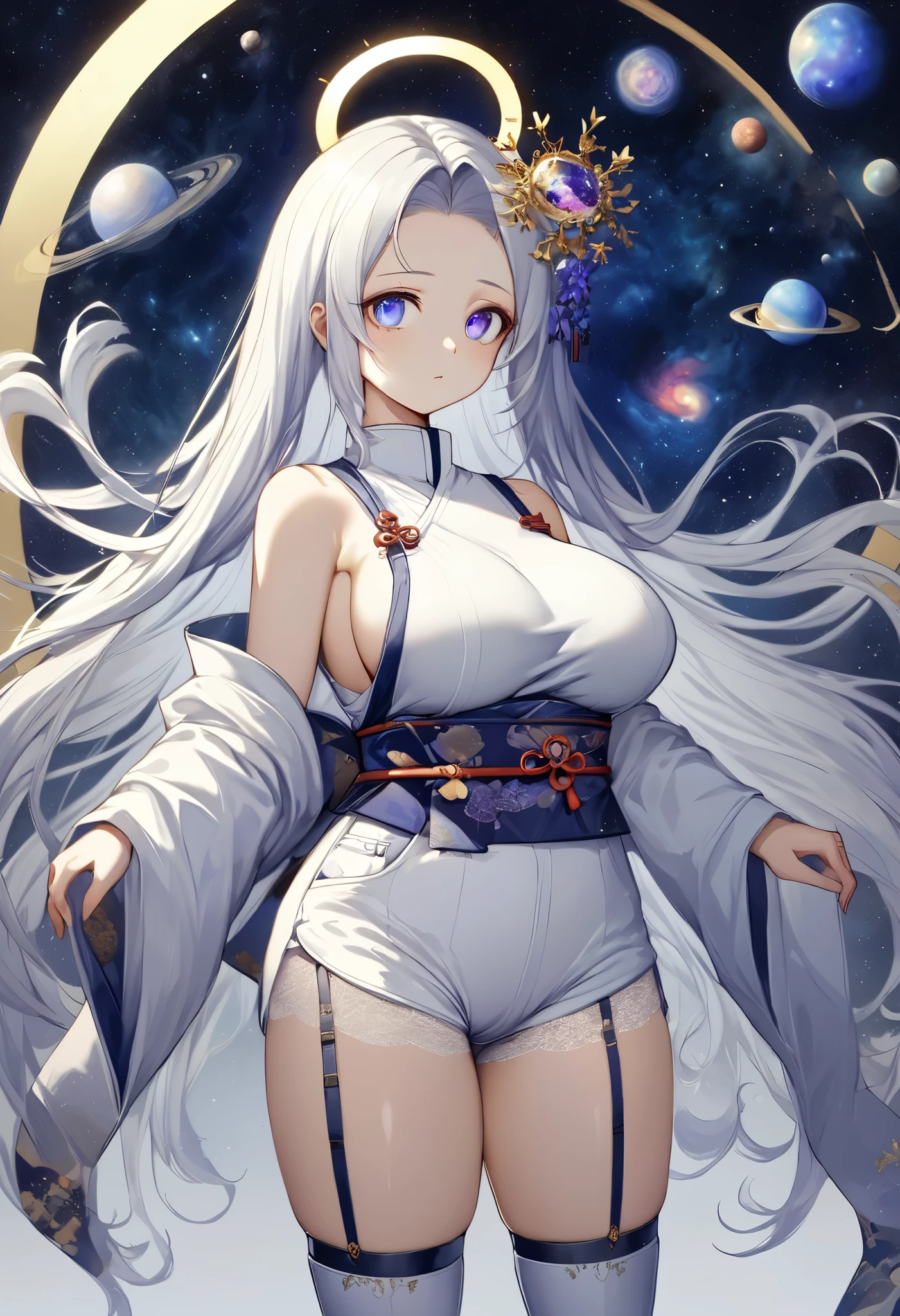 fresh illustration ,
Superfine painting,
top quality,
very delicate illustration ,
Very fine details ,
beautiful attractive anime style ,
Fascinating anime style ,
Super detailed drawing ,
beautiful and sophisticated illustration of one girl ,
full body view,
Height: 158cm,
Fair skin,
right eye blue left eye purple perfect heterochromia ,
large black pupils ,
beautiful eyes,
super long hair,
shiny hair ,
The roots of the hair are blue and the others are gray ,
The hair is gradated
My forehead is half sticking out,
pretty and cute face ,
Cheeks are ruddy,
A small, shiny halo is floating on the back of the head,
Lowering the eyebrows,
since age 27,
The upper half of the body is in a traditional Japanese kimono,
Overall white clothes ,
lower body Nadres ,
The color of the belt is black ,
The design is tastefully embroidered with gold thread,
fine fabric clothing ,
Shoulder-width narrower shoulders,
mega breasts,
Isometric,
Golden Ratio,
god々 like atmosphere,
The undershirt is indigo-colored with a stand-up collar,
outer space ,
There are multiple galaxies ,
Little Star々 upper body ,
tactical use of shadows ,
The hair and the halo on the head do not extend beyond the frame,
Clothes don't stick out of the angle of view ,
garter belt,
stockings ,
The thigh straps are digging into the skin,
ivory lace shorts,
white boots,
There are countless Japanese style ,
Thin Waist,
Thick thighs,
Standing,
Long Shot,