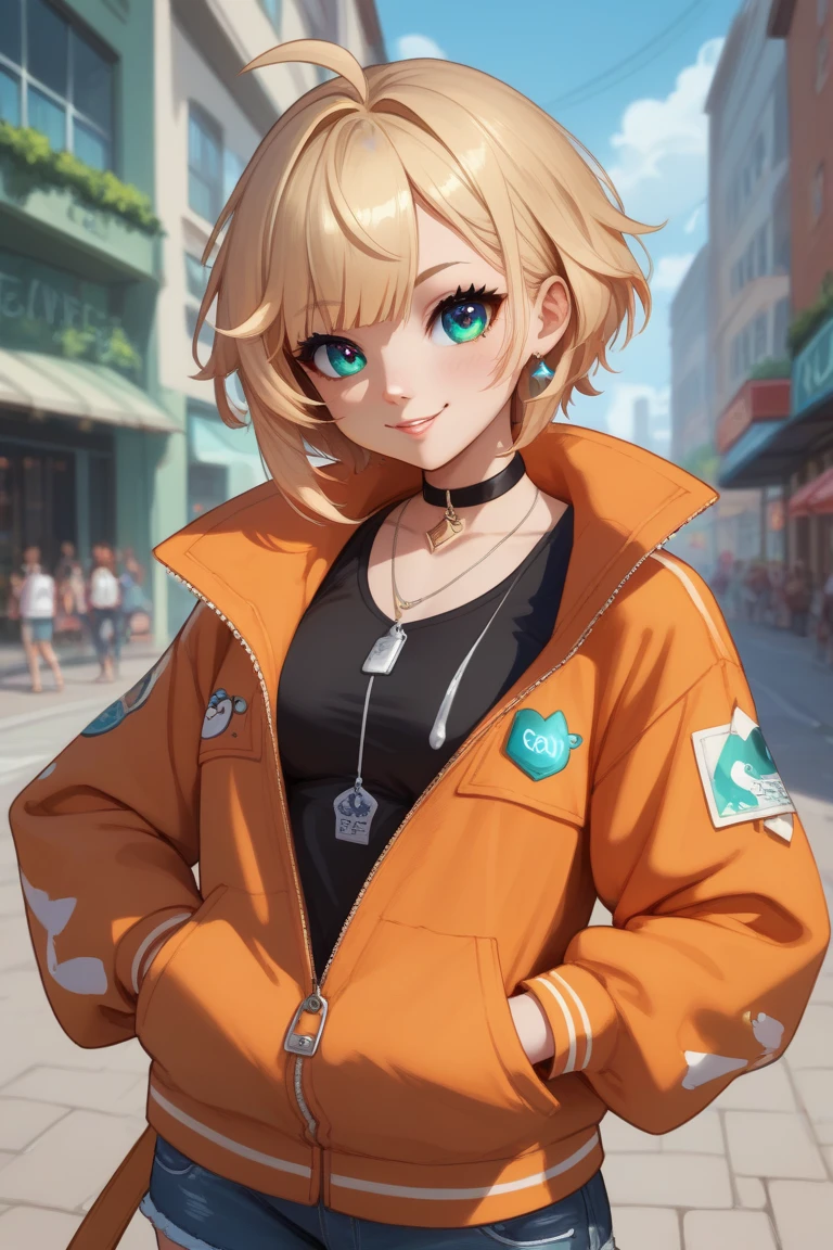 creative vtuber design. cute oversized zipped jacket, unique outfit, assymetry, anime girl