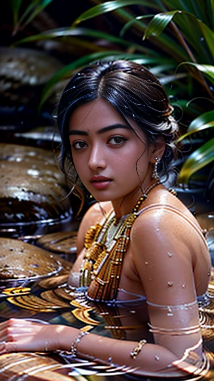 Close up portrait of a cute woman (Rashmika) bathing naked in a crystal clear river, reeds, (backlighting), realistic, masterpiece, highest quality, lens flare, shade, bloom, [[chromatic aberration]], by Jeremy Lipking, by Antonio J. Manzanedo, digital painting,