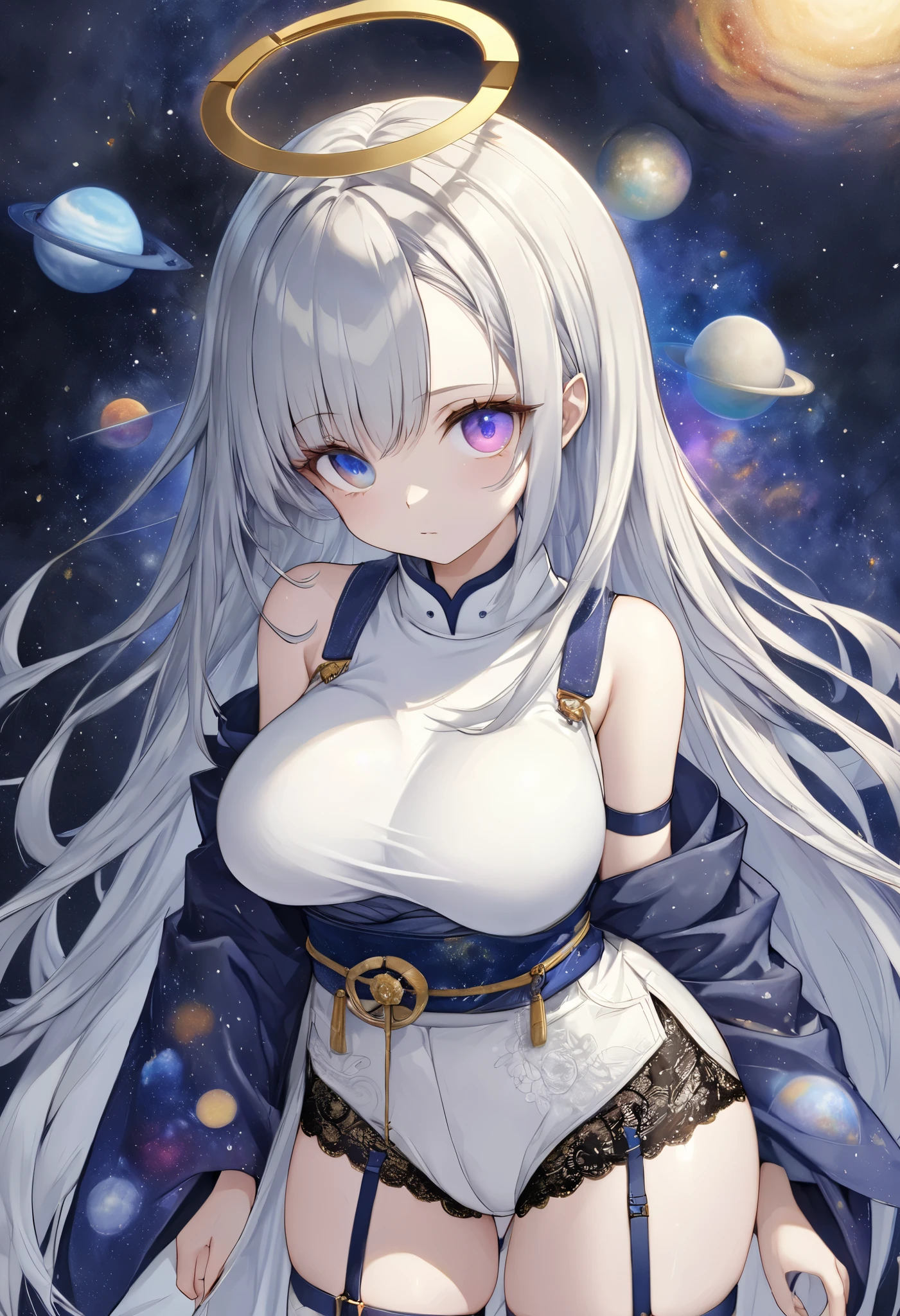 fresh illustration ,
Superfine painting,
top quality,
very delicate illustration ,
Very fine details ,
beautiful attractive anime style ,
Fascinating anime style ,
Super detailed drawing ,
beautiful and sophisticated illustration of one girl ,
full body view,
Height: 158cm,
Fair skin,
right eye blue left eye purple perfect heterochromia ,
large black pupils ,
beautiful eyes,
super long hair,
shiny hair ,
The roots of the hair are blue and the others are gray ,
The hair is gradated
My forehead is half sticking out,
pretty and cute face ,
Cheeks are ruddy,
A small, shiny halo is floating on the back of the head,
Lowering the eyebrows,
since age 27,
The upper half of the body is in a traditional Japanese kimono,
Overall white clothes ,
lower body Nadres ,
The color of the belt is black ,
The design is tastefully embroidered with gold thread,
fine fabric clothing ,
Shoulder-width narrower shoulders,
mega breasts,
Isometric,
Golden Ratio,
god々 like atmosphere,
The undershirt is indigo-colored with a stand-up collar,
outer space ,
There are multiple galaxies ,
Little Star々 upper body ,
tactical use of shadows ,
The hair and the halo on the head do not extend beyond the frame,
Clothes don't stick out of the angle of view ,
garter belt,
stockings ,
The thigh straps are digging into the skin,
ivory lace shorts,
white boots,
There are countless Japanese style ,
Thin Waist,
Thick thighs,
Standing,
Long Shot,