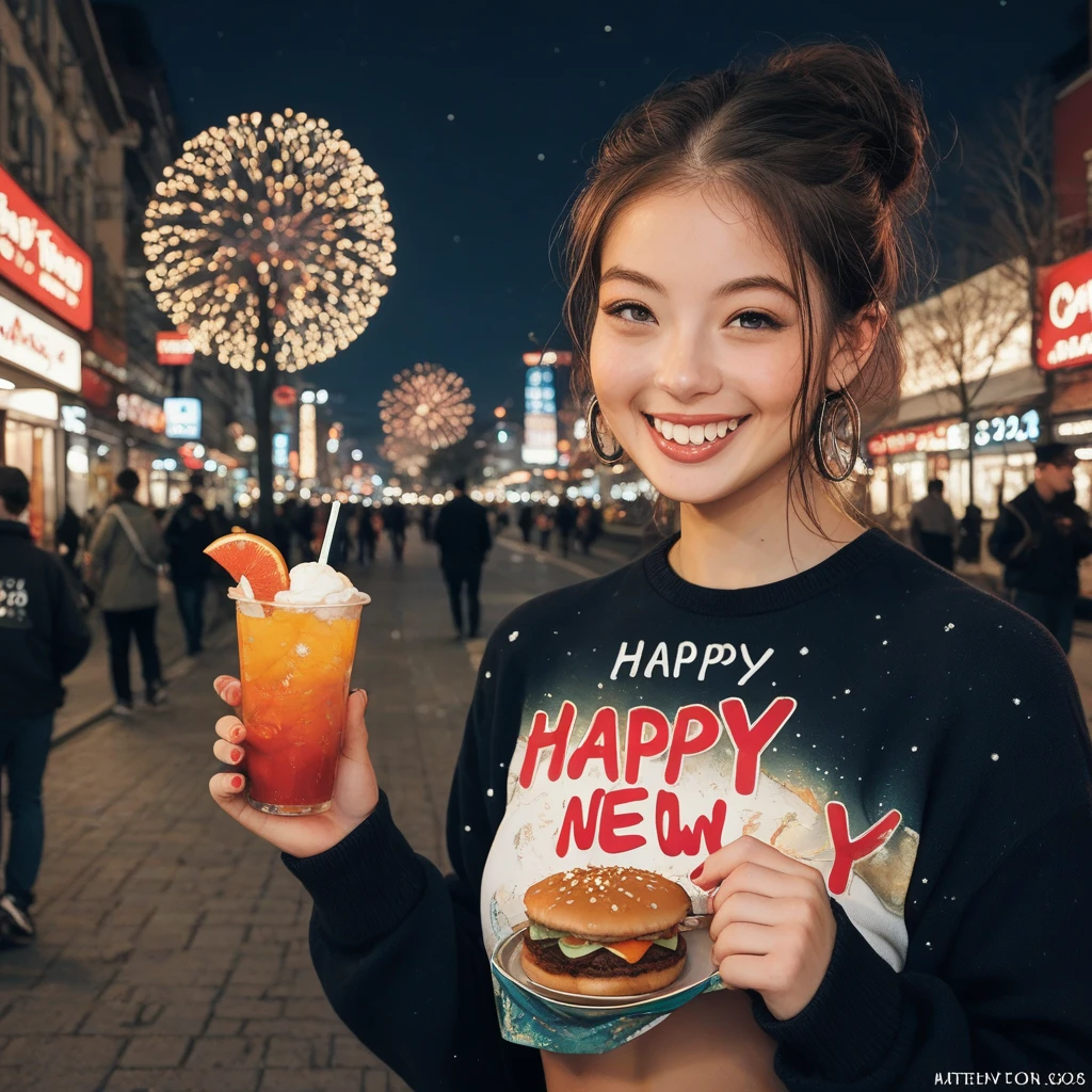 Street food scene 、New Year's animated illustration 、”２０２５　Shirts with the letters “Happy New Year”,firework