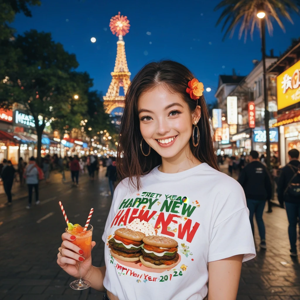 Street food scene 、New Year's animated illustration 、”２０２５　Shirts with the letters “Happy New Year”,firework