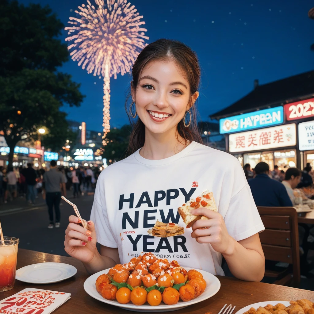 Street food scene 、New Year's animated illustration 、”２０２５　Shirts with the letters “Happy New Year”,firework