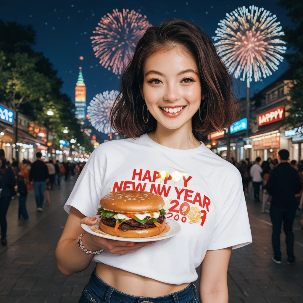 Street food scene 、New Year's animated illustration 、”２０２５　Shirts with the letters “Happy New Year”,firework