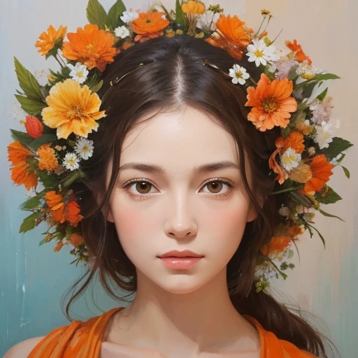  A woman with a flower on her head is an acrylic painting, In the style of Lucy Glendinning, ,  organic and natural composition in the style of Lucy Glendinning, Floral Explosion, Ferris Pick, Light orange and brown, Calm face --ar 3:4 -