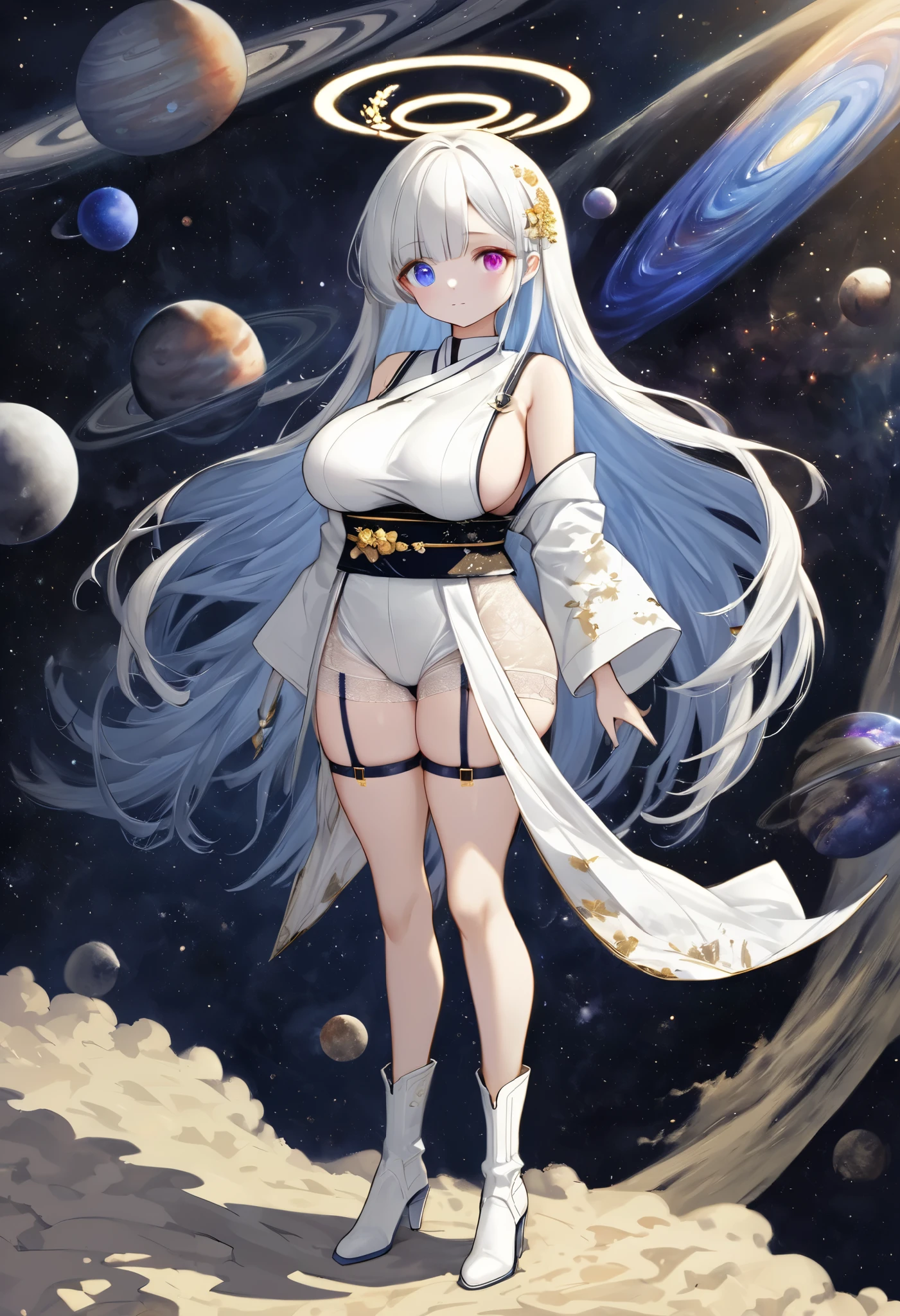 fresh illustration ,
Superfine painting,
top quality,
very delicate illustration ,
Very fine details ,
beautiful attractive anime style ,
Fascinating anime style ,
Super detailed drawing ,
beautiful and sophisticated illustration of one girl ,
full body view,
Height: 158cm,
Fair skin,
right eye blue left eye purple perfect heterochromia ,
large black pupils ,
beautiful eyes,
super long hair,
shiny hair ,
The roots of the hair are blue and the others are gray ,
The hair is gradated
My forehead is half sticking out,
pretty and cute face ,
Cheeks are ruddy,
A small, shiny halo is floating on the back of the head,
Lowering the eyebrows,
since age 27,
The upper half of the body is in a traditional Japanese kimono,
Overall white clothes ,
lower body Nadres ,
The color of the belt is black ,
The design is tastefully embroidered with gold thread,
fine fabric clothing ,
Shoulder-width narrower shoulders,
mega breasts,
Isometric,
Golden Ratio,
god々 like atmosphere,
The undershirt is indigo-colored with a stand-up collar,
outer space ,
There are multiple galaxies ,
Little Star々 upper body ,
tactical use of shadows ,
The hair and the halo on the head do not extend beyond the frame,
Clothes don't stick out of the angle of view ,
garter belt,
stockings ,
The thigh straps are digging into the skin,
ivory lace shorts,
white boots,
There are countless Japanese style ,
Thin Waist,
Thick thighs,
Standing,
Long Shot,