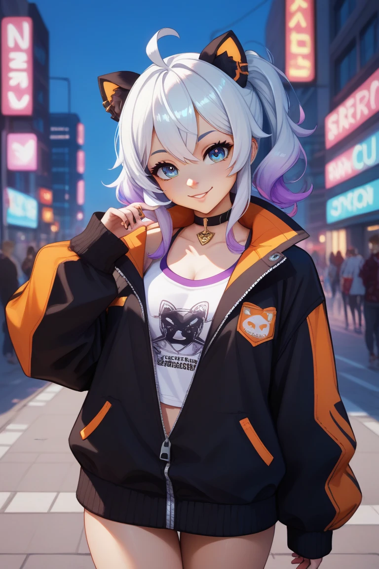 creative vtuber design, cyber city, cute oversized zipped jacket, asymmetry, anime girl