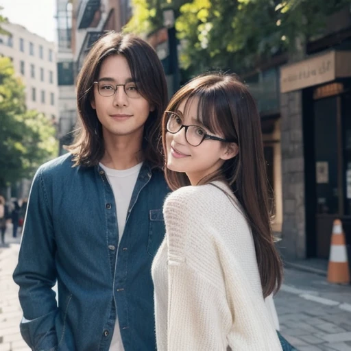 masterpiece, anime, cute, romantic, highest quality, 2 others, Couple, mature, Adult, Height difference, Different Fashion, Different colors, Casual clothing, Long sleeve, smile, Happy, like, Swirling Wind, blue sky, Long-haired men, Light brown haired man, Black-haired woman, Woman with long hair, Woman wearing glasses, city, waterfall