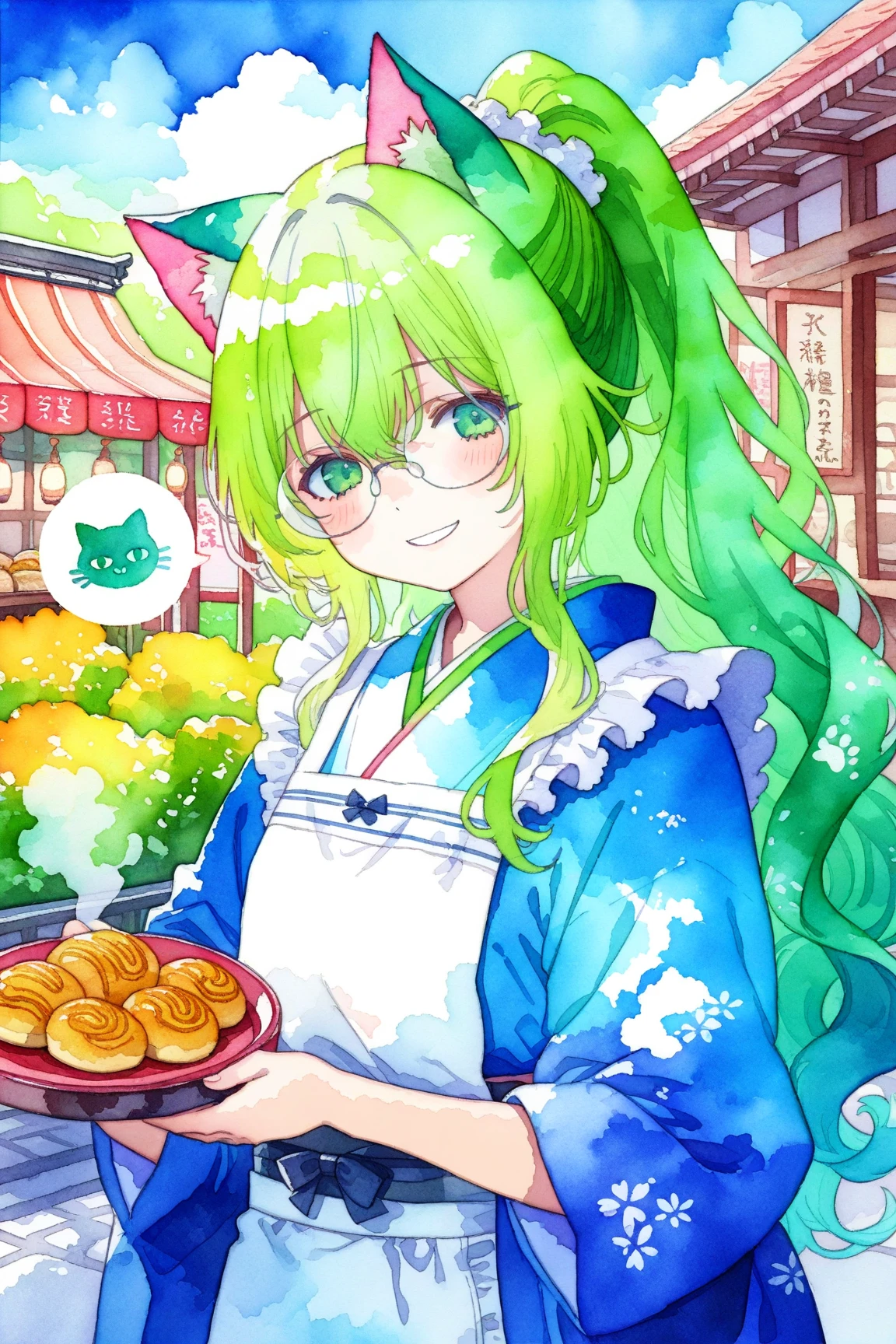 1girl,(green-wavy-ponytail-hair:1.4),green-eyes,cat-ears,round-glasses,kimono apron,smiling,speech question,steam-punk-style Town street food-cart food-stall,signboard,(drawn on it and the words “imagaWayaki” written on it.),(Drawn on it and the words “Oyaki” written on it.),(Drawn on it and the words “KaiTenYaki” written on it.), (Drawn on it and the words “Opanyaki” written on it.),(Drawn on it and the words “Aziman” written on it. ),(watercolor style illustration, :1.4).