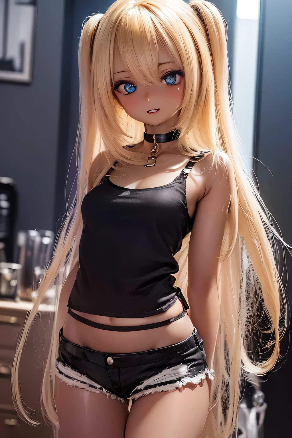 photorealistic, realistic photo, 8k, Canon EOS, ((highest quality)), ((masterpiece)), (extremely detailed), kukolnydom, doll, shiny skin, (dark skin:2), (street, walking, snile, enjoy, happy, choker, black camisole, bracelet, shorts, thighs, mature woman, 21yo, 21_years_old, solo:1.6), (medium breasts, parted lips, blonde hair, long hair, two side up, looking away, blue eyes, glass eyes, shining eyes, detailed face:1.3)